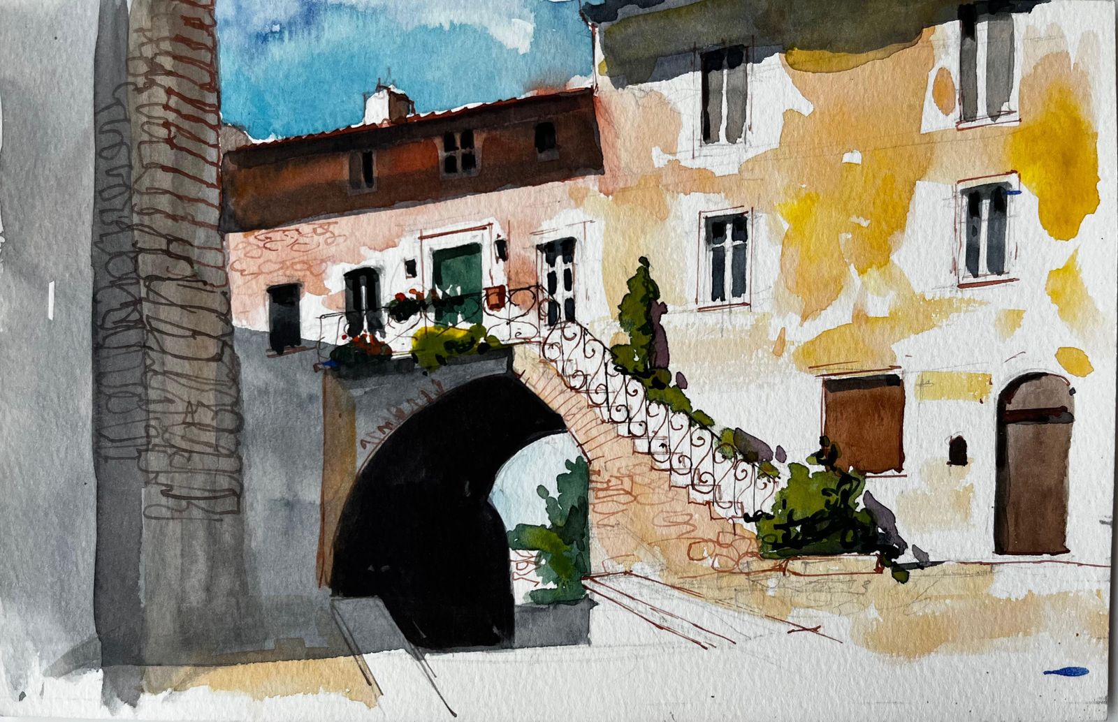 Pierre Neveusunlit Courtyard With Stone Arch And Balcony Italian Village Watercolour