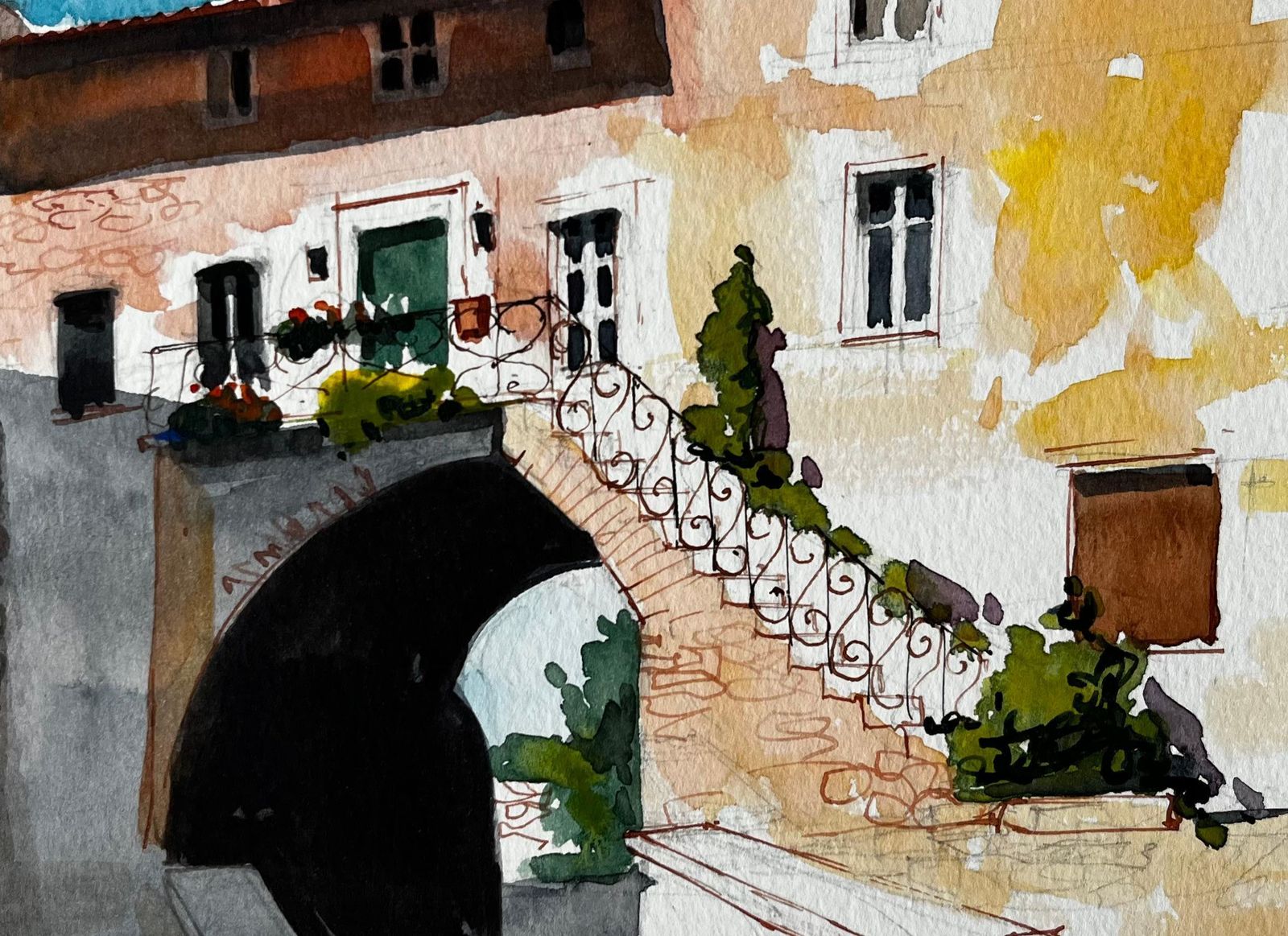 Pierre Neveusunlit Courtyard With Stone Arch And Balcony Italian Village Watercolour photo buy