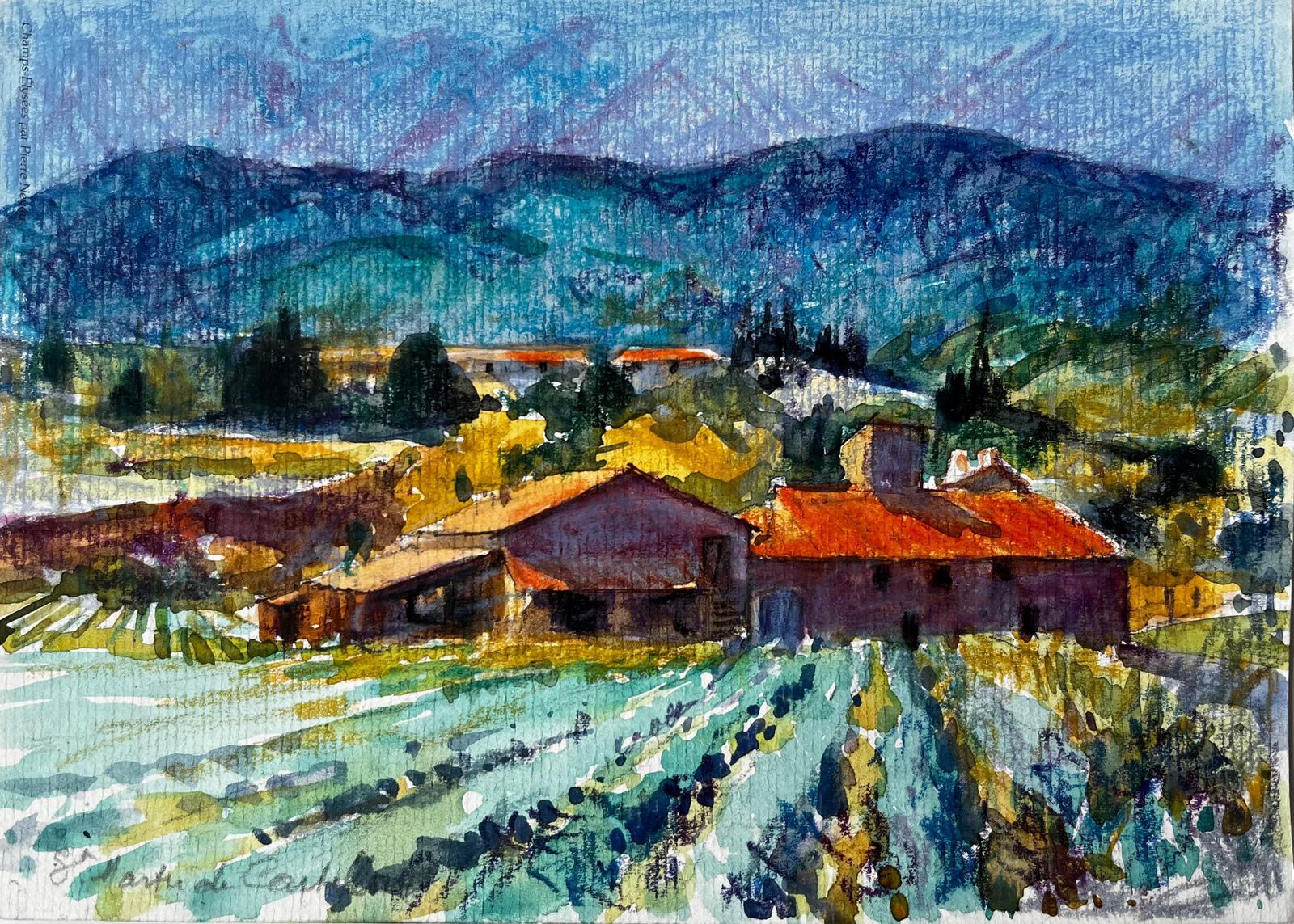 Pierre Neveusaint Martin De Castillon Provence Farmhouse And Lavender Fields Watercolour