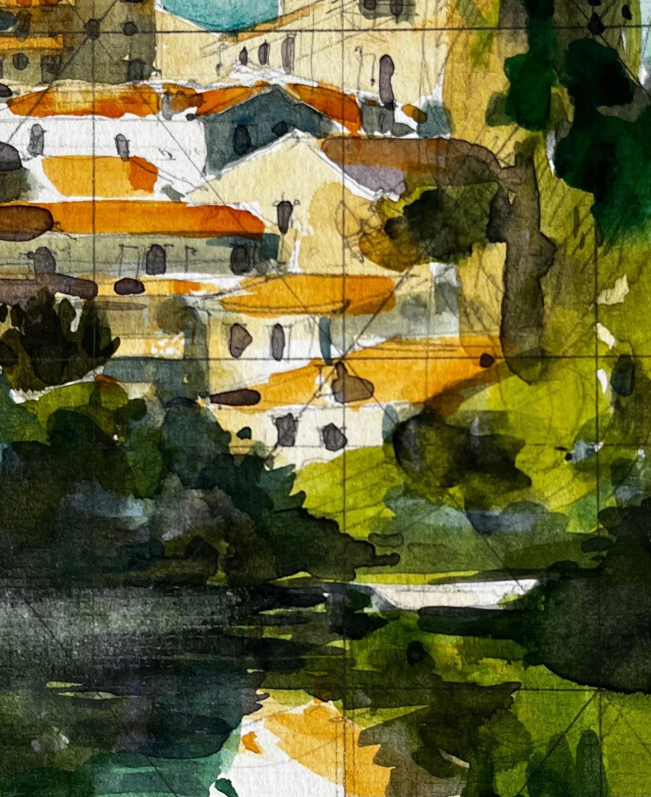 Pierre Neveuclisson Hilltop Village With Church And River Reflection French Watercolour photo buy