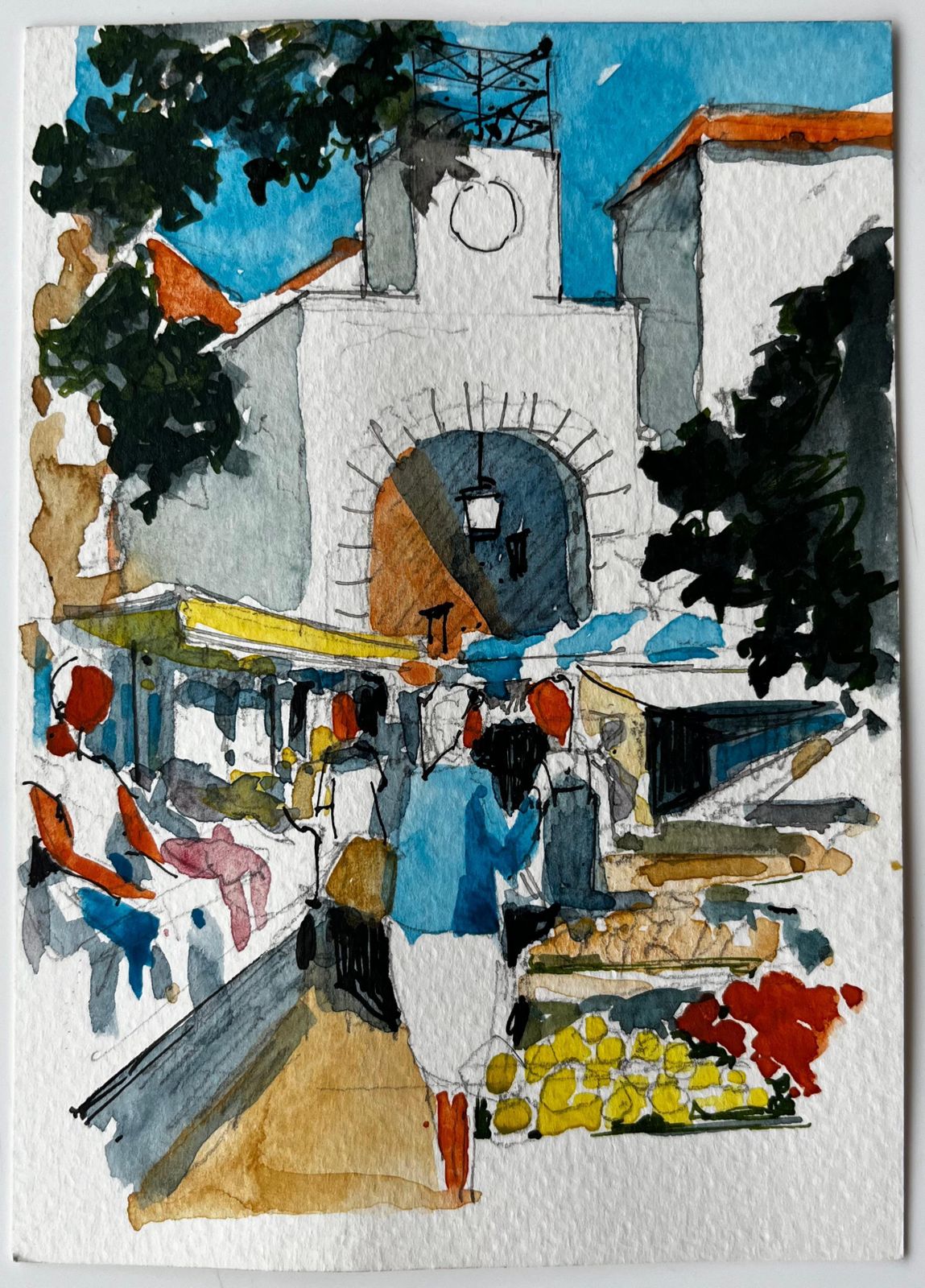 Pierre Neveumediterranean Market Scene With Clock Tower And Shaded Stalls In Southern France photo furniture