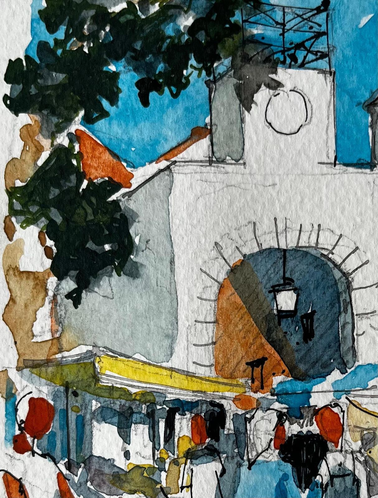 Pierre Neveumediterranean Market Scene With Clock Tower And Shaded Stalls In Southern France photo vinterior