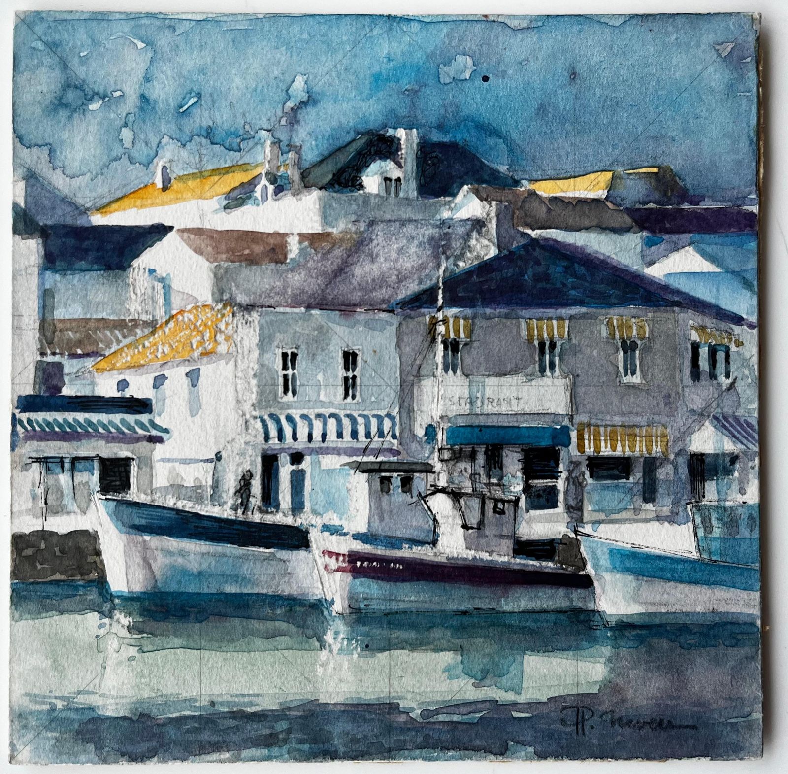 Pierre Neveufishing Boats And Harbourfront Houses French Mediterranean Port Scene photo furniture