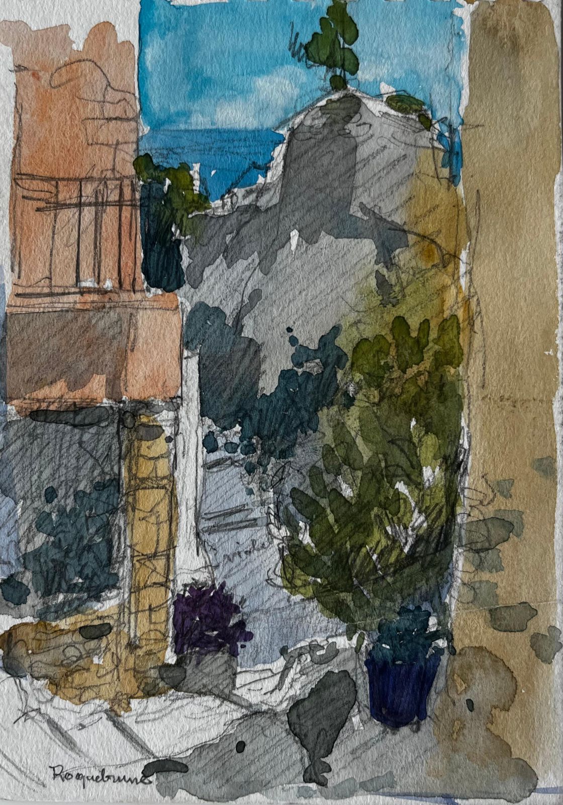 Pierre Neveuroquebrune Village Pathway With Distant Sea View French Riviera Study
