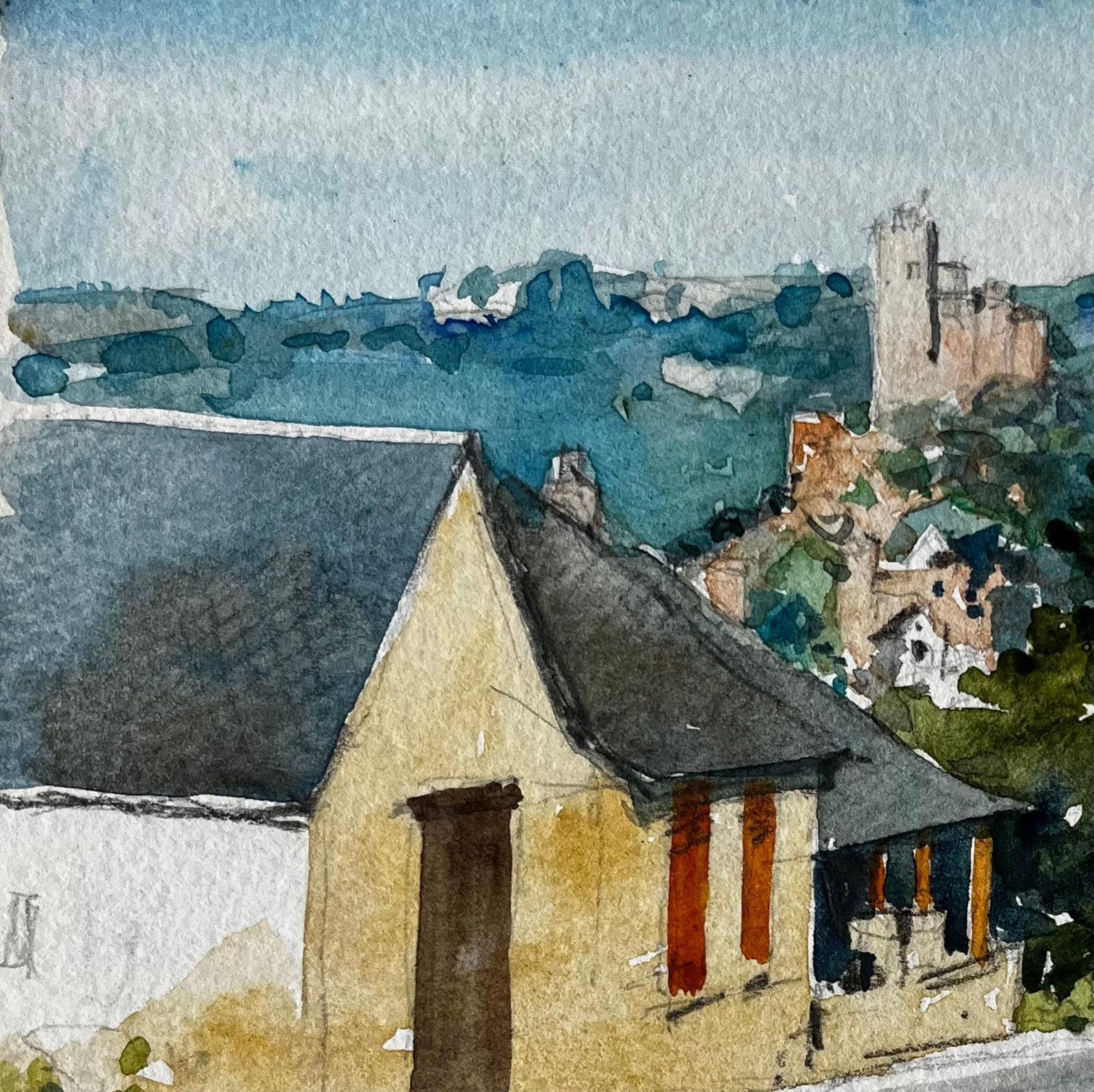 Pierre Neveuhilltop Village View In Kayac Dordogne Countryside Watercolour Study photo Art