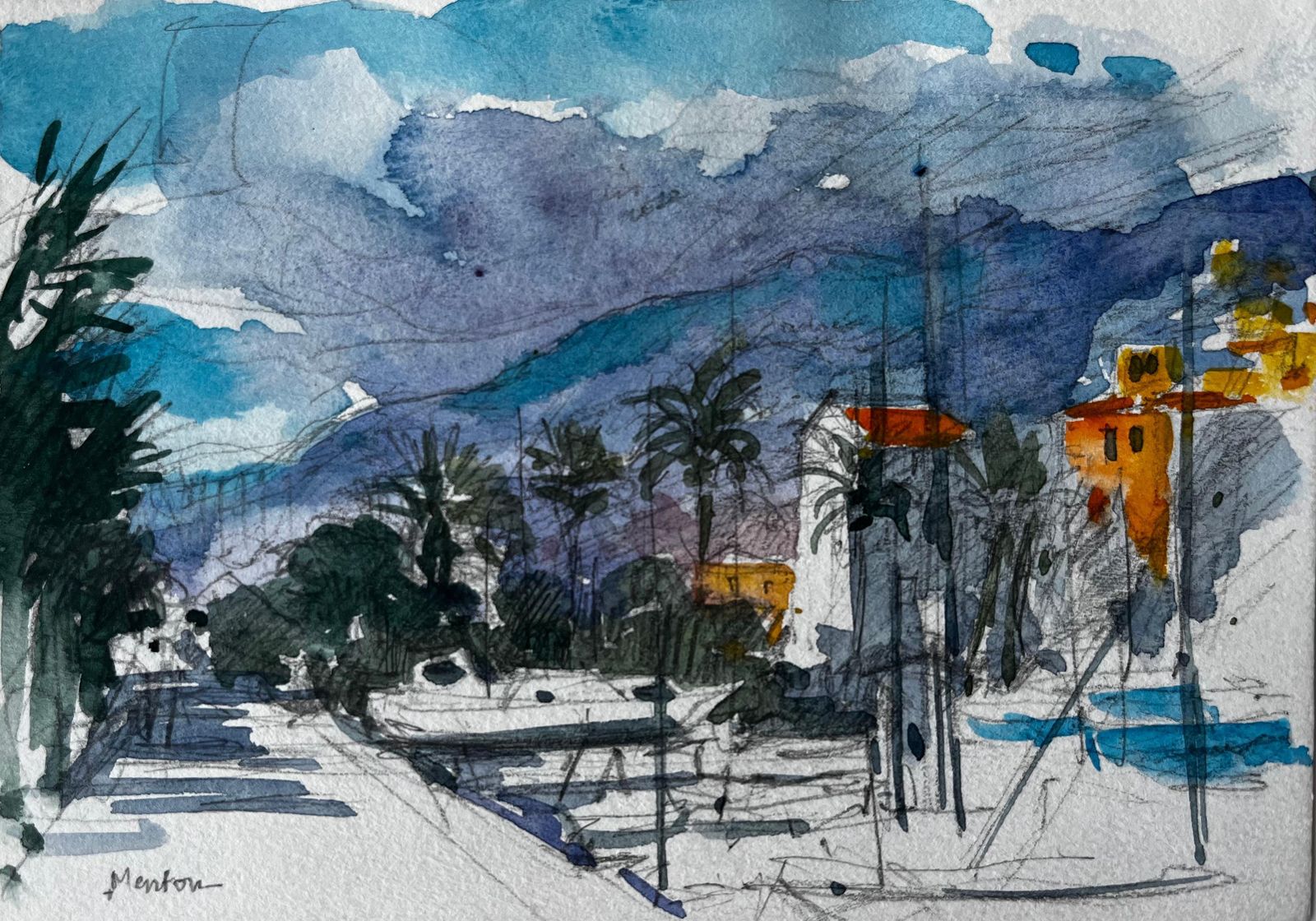 Pierre Neveumenton French Riviera Coastal Street Scene With Palm Trees And Hills