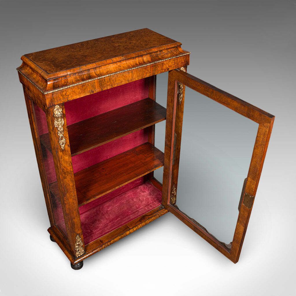 Antique Pier Cabinet English Walnut Glazed Display Bookcase Victorian 1860 photo vintage