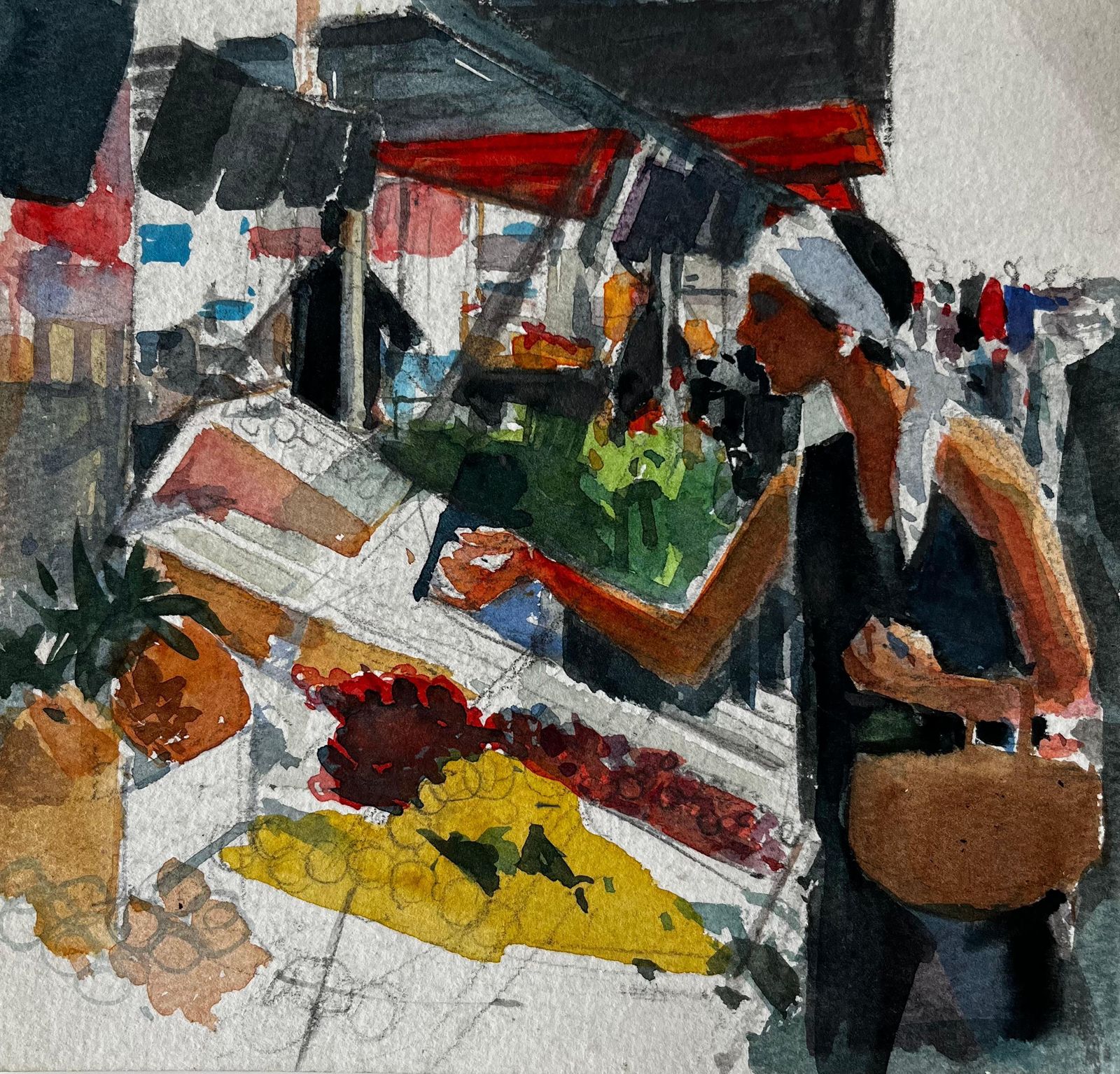 Pierre Neveuwoman Selecting Fruit At Market Stall French Riviera Watercolour Study