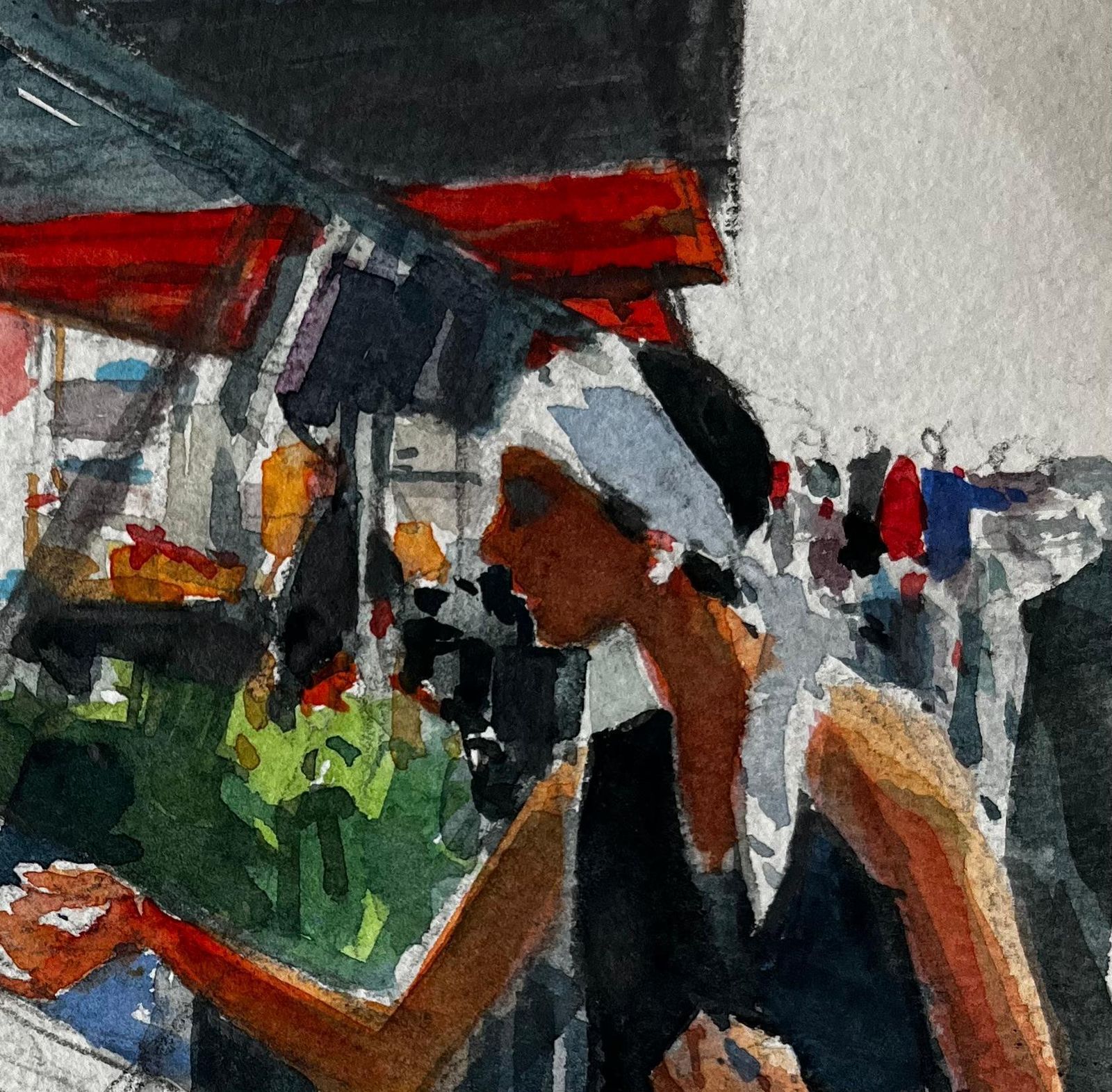 Pierre Neveuwoman Selecting Fruit At Market Stall French Riviera Watercolour Study photo vinterior