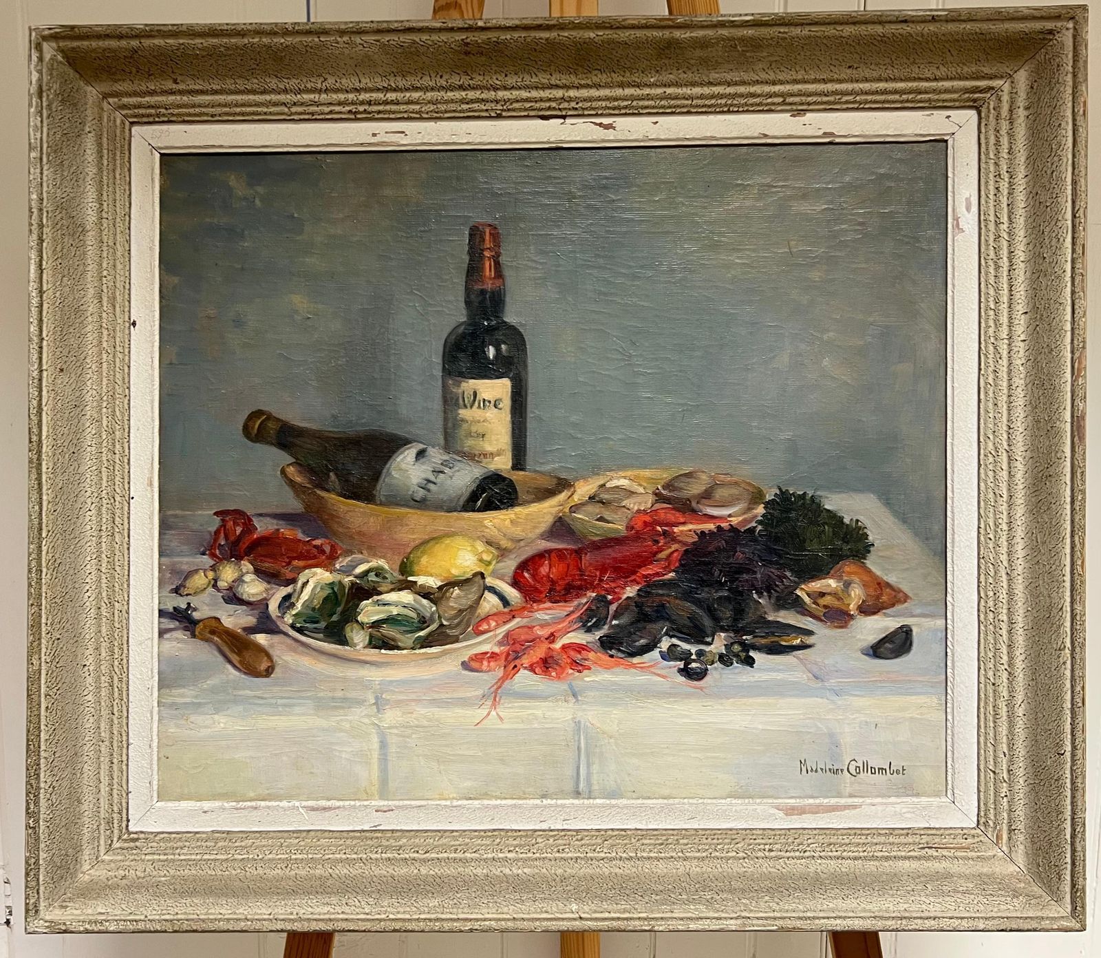 French School1930's French Signed Oil Still Life Fish Supper & Bottle Of Wine Table Top photo furniture