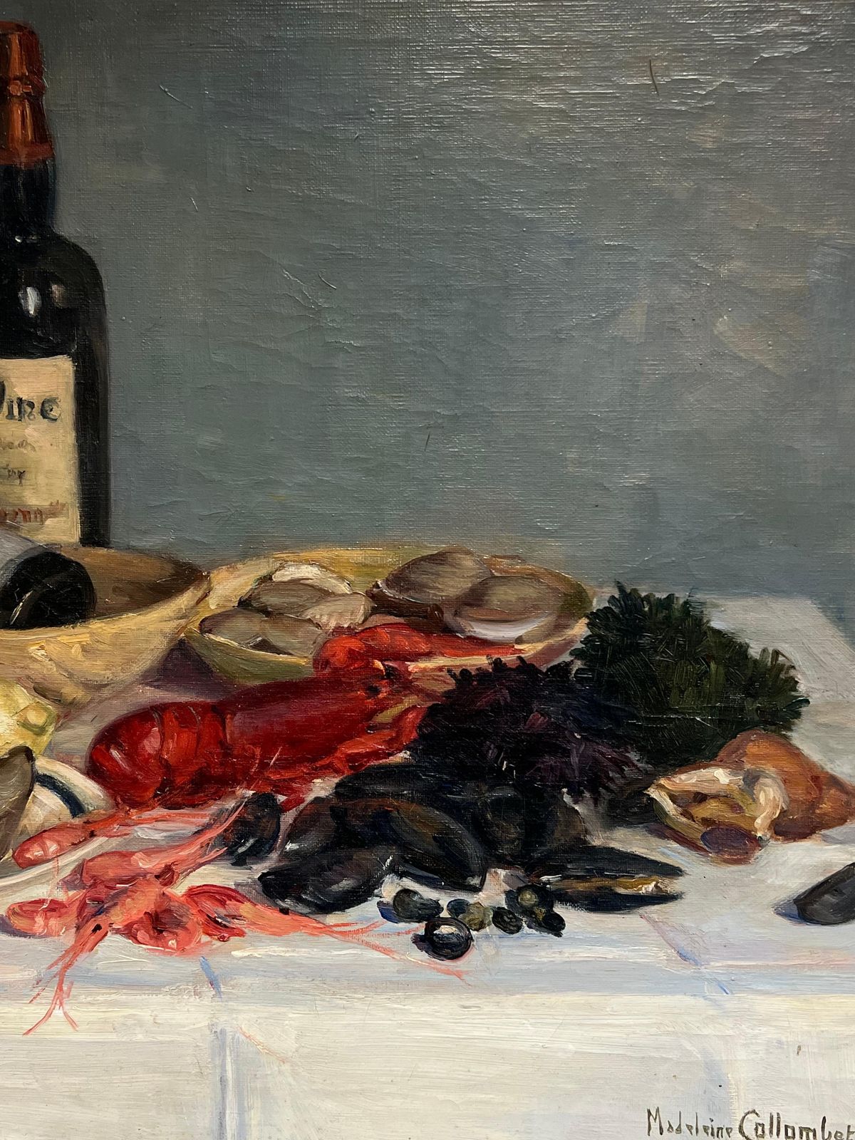 French School1930's French Signed Oil Still Life Fish Supper & Bottle Of Wine Table Top photo 1631.0