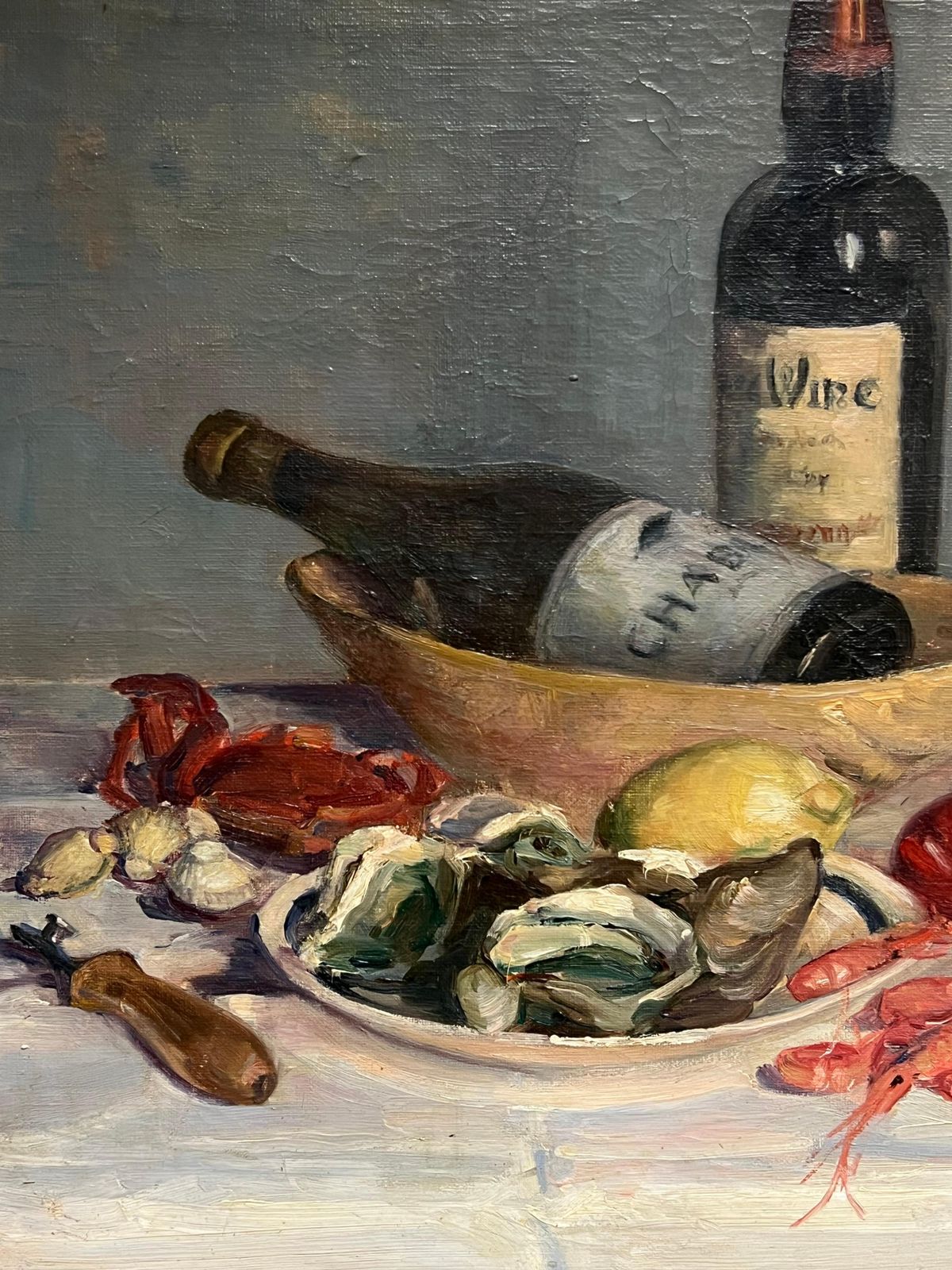 French School1930's French Signed Oil Still Life Fish Supper & Bottle Of Wine Table Top photo vintage