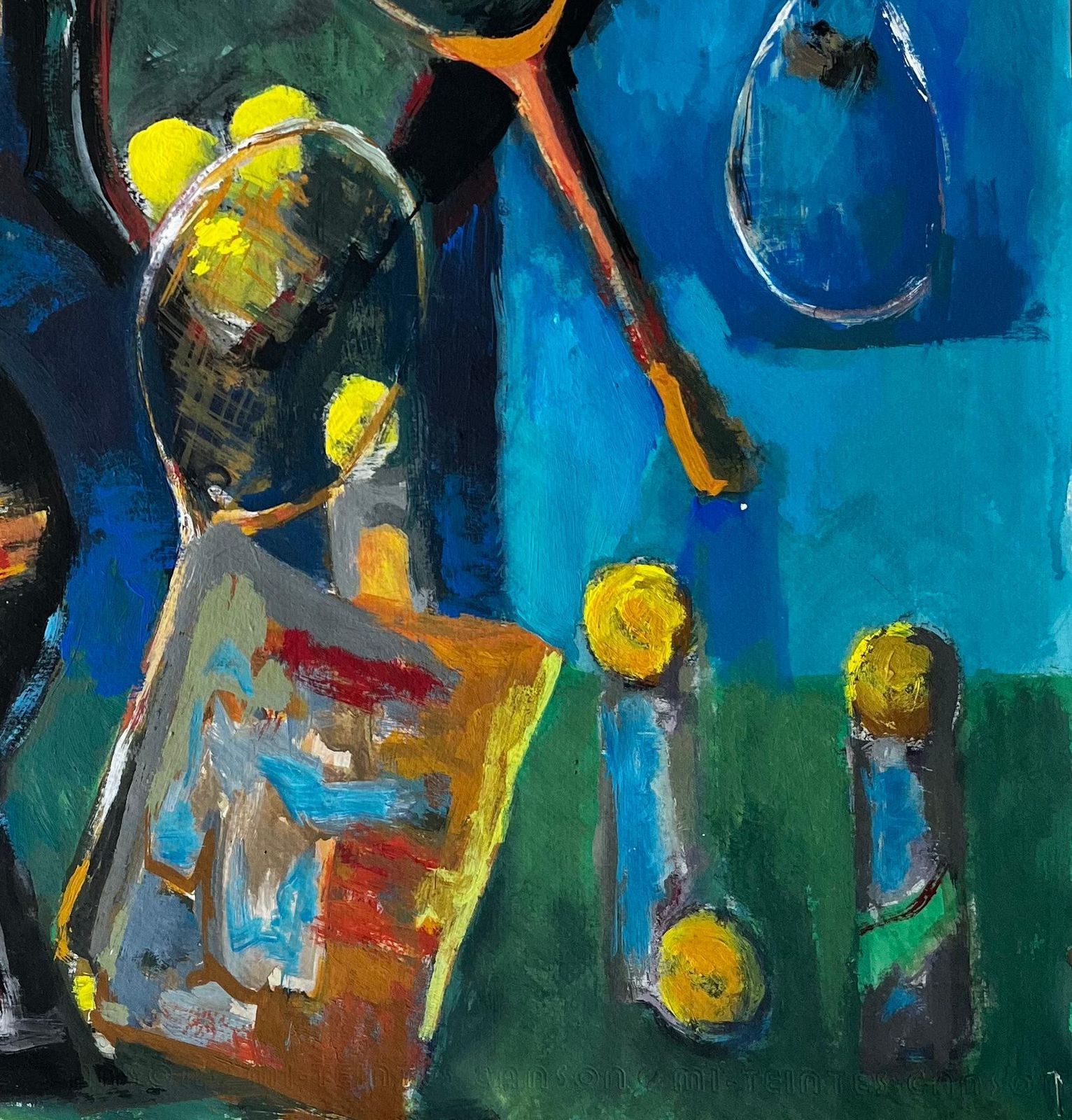 Guy Nicodfrench Modernist Still Life With Tennis Rackets Balls And Sporting Equipment photo for sale