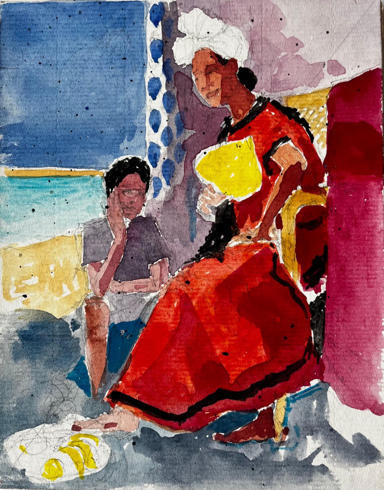 Pierre Neveuinterior Scene With Seated Figures Watercolour French Post Impressionist