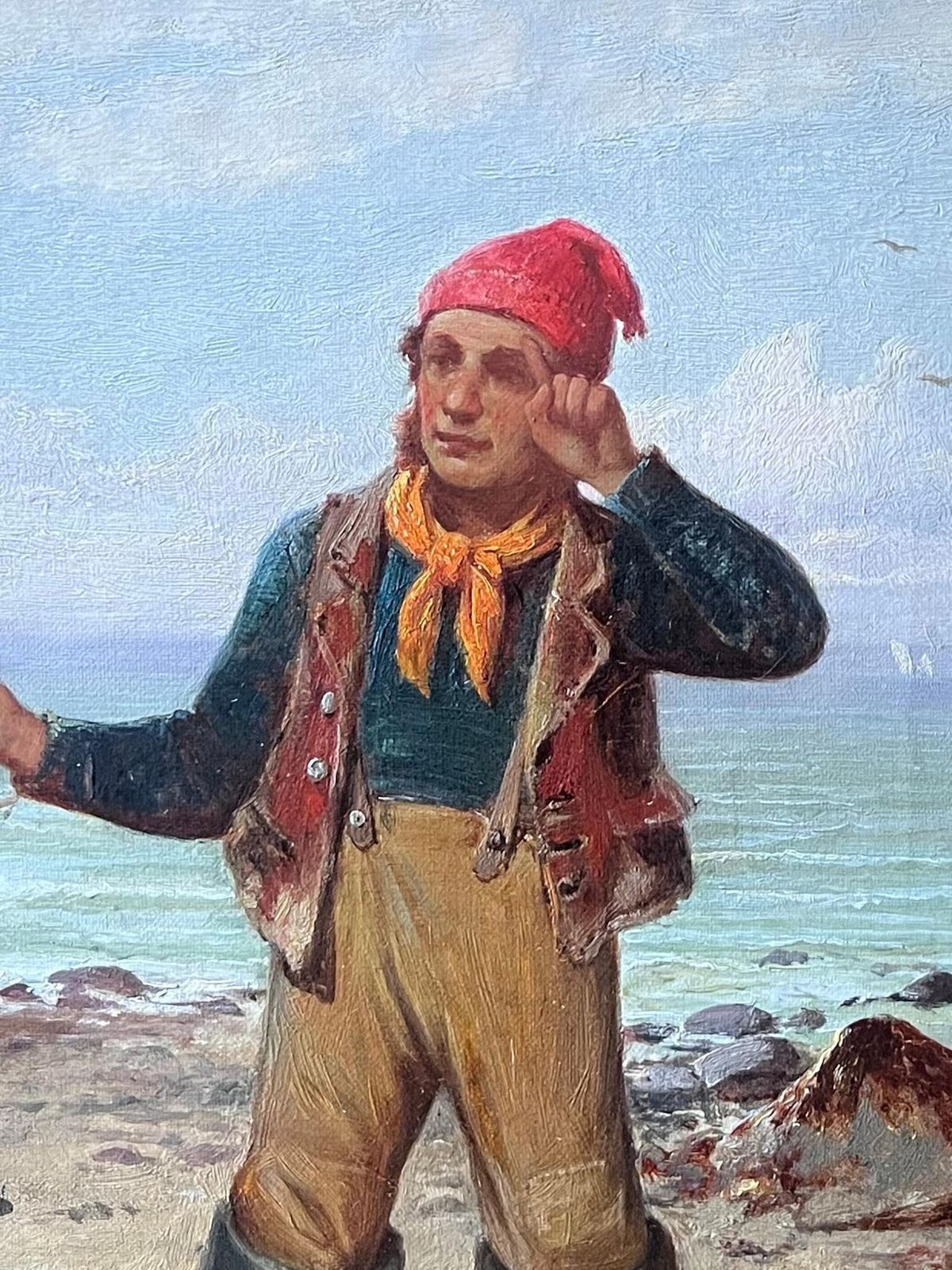 James Seymour Adamsfine 1880's British Signed Oil Painting Old Fisherman Sailor Standing On Beach photo for sale
