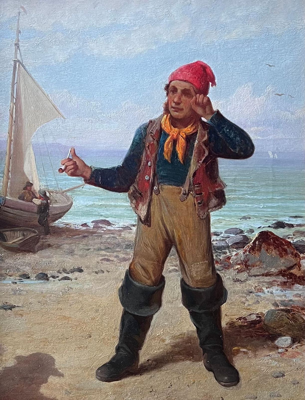 James Seymour Adamsfine 1880's British Signed Oil Painting Old Fisherman Sailor Standing On Beach photo 1883.0
