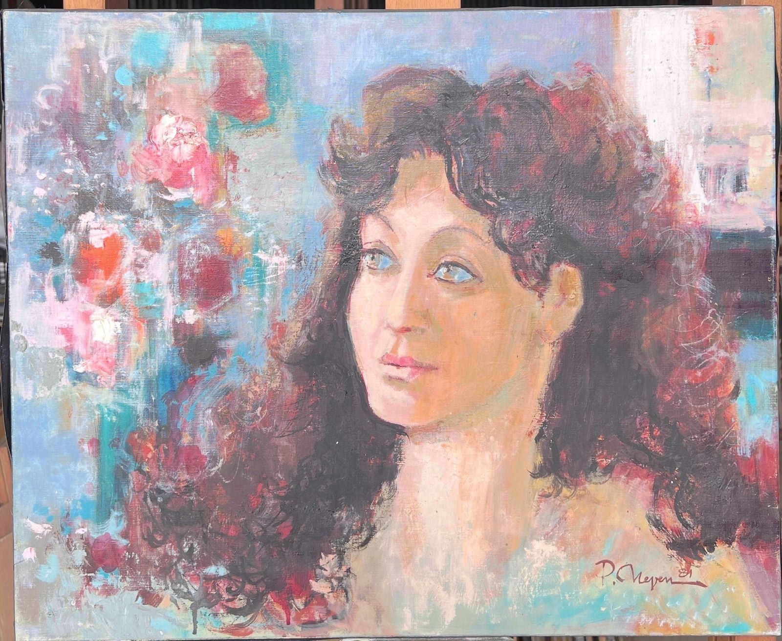 French Mid 20thlarge French 20th Century Oil Painting Portrait Of Young Woman, Signed photo furniture