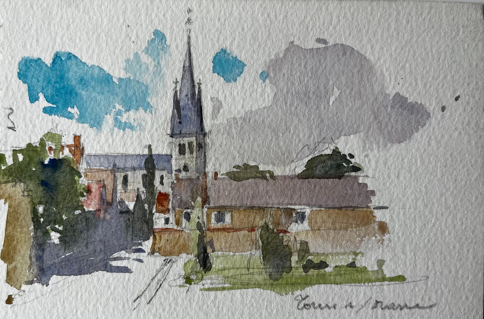 Pierre Neveuchurch Tower Village Street Scene Watercolour French Post Impressionist