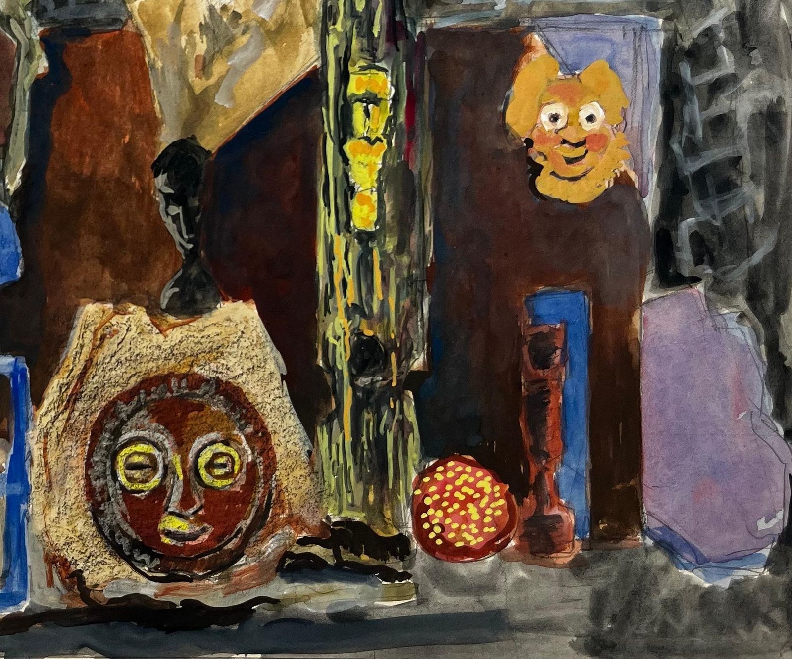 Guy Nicodfrench Modernist Still Life With Masks Figures And Draped Fabrics photo for sale