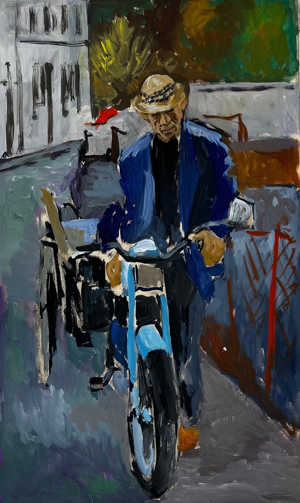 Guy Nicodfrench Modernist Portrait Of A Man With Blue Motorcycle Street Scene