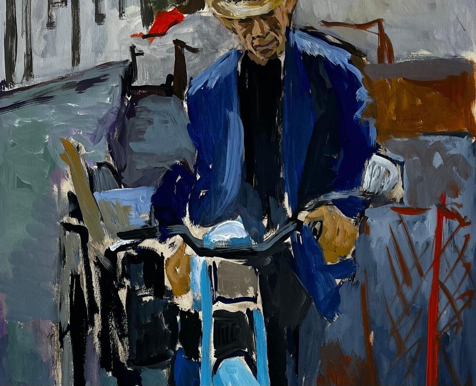 Guy Nicodfrench Modernist Portrait Of A Man With Blue Motorcycle Street Scene photo Art