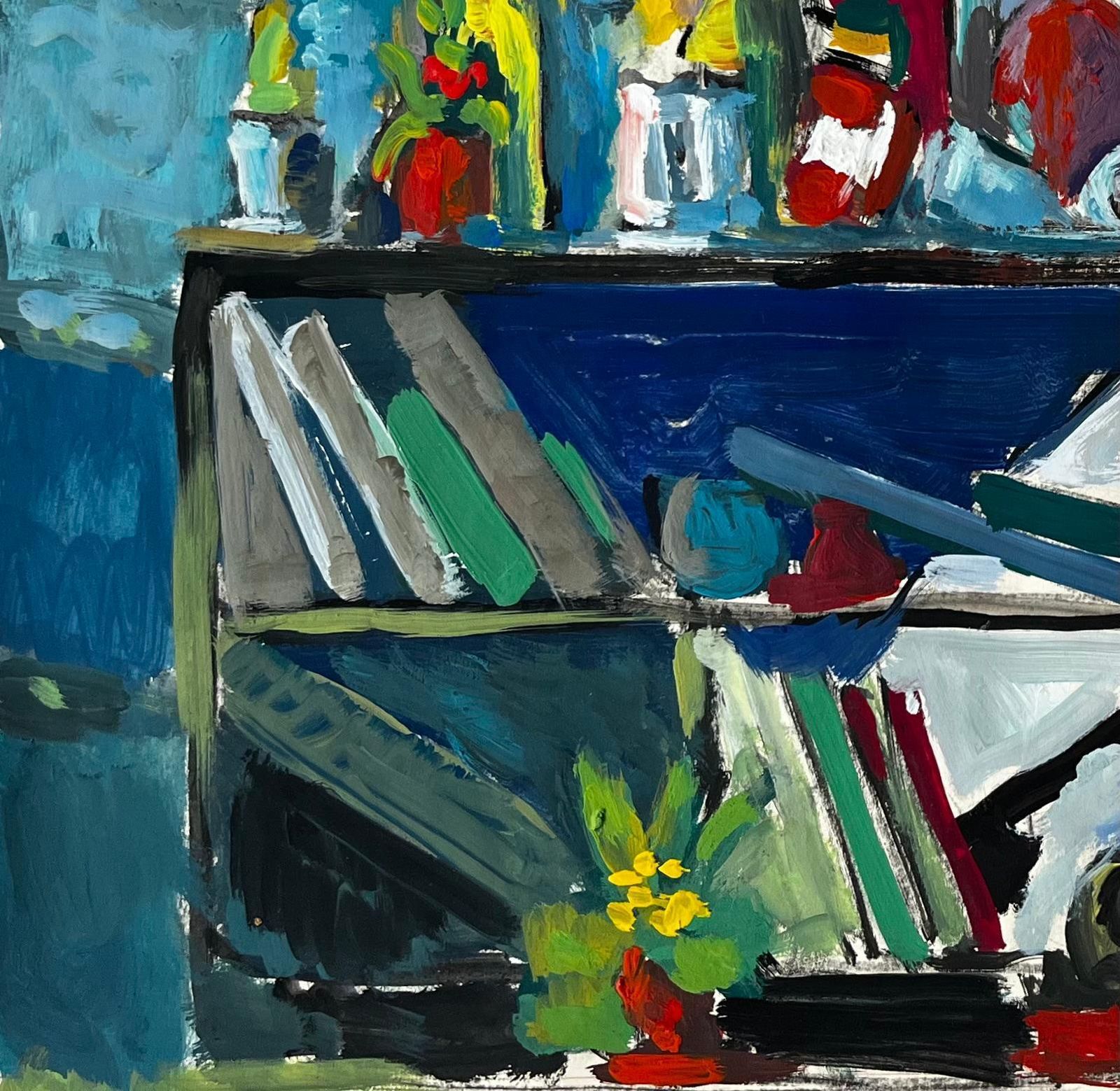 Guy Nicodmodernist Still Life With Books Bottles And Blue Interior French Gouache photo 612.0