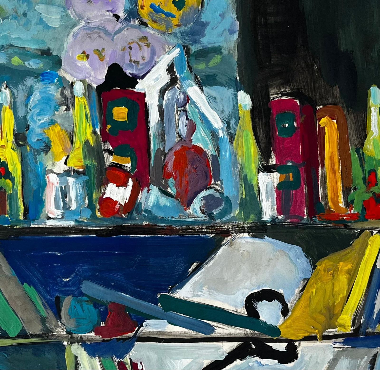 Guy Nicodmodernist Still Life With Books Bottles And Blue Interior French Gouache photo buy