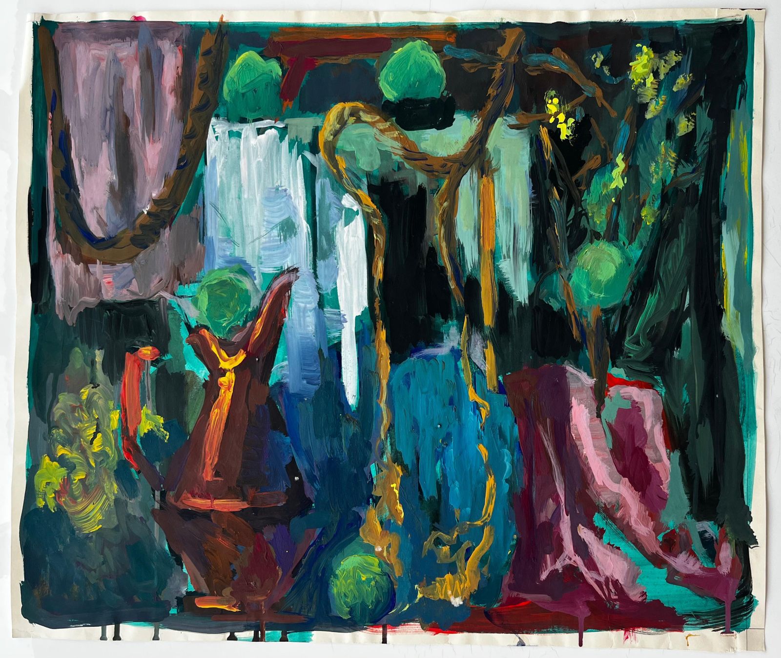 Guy Nicodabstract Still Life With Teapot Rope And Green Orbs French Modernist Gouache photo furniture