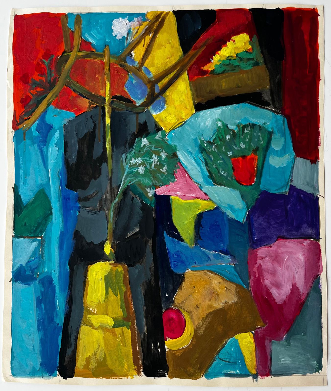 Guy Nicod Abstract Still Life With Yellow Vase Red Curtain And Blue Flowers French Gouache photo furniture