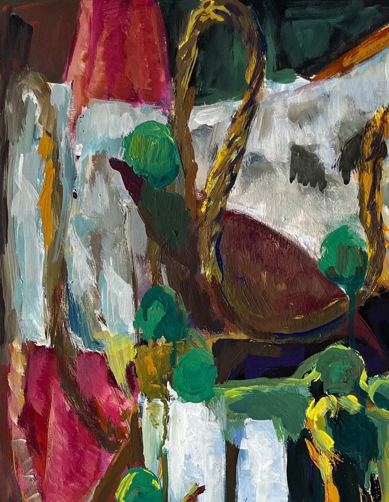 Guy Nicodabstract Still Life With Green Spheres Yellow Rope And Pink Cloth French Gouache photo for sale