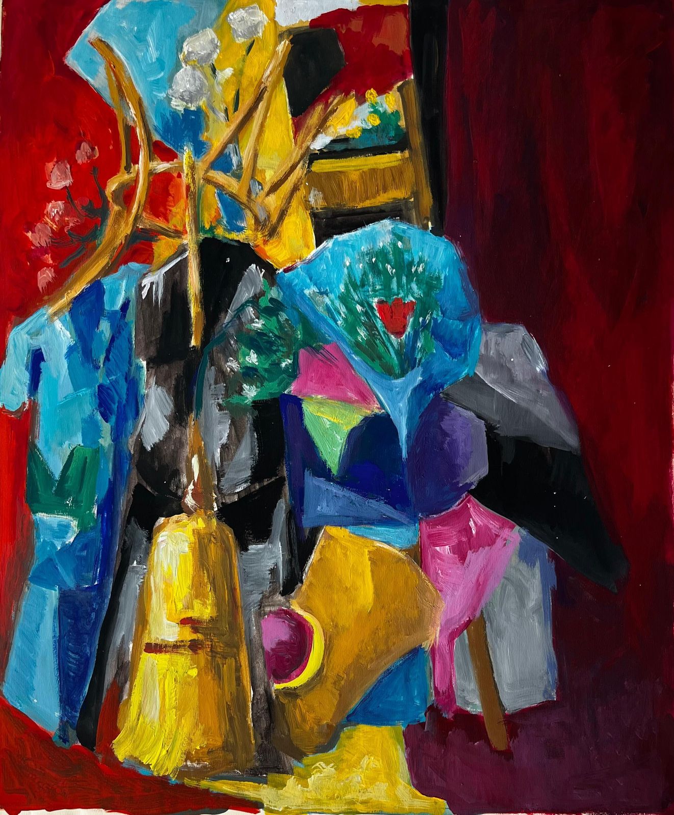 Guy Nicodabstract Cubist Still Life With Flowers Vase And Red Curtain French Gouache