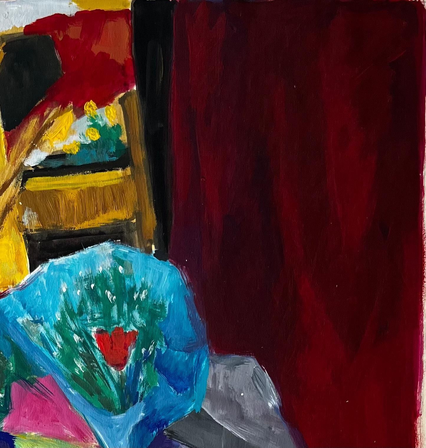 Guy Nicodabstract Cubist Still Life With Flowers Vase And Red Curtain French Gouache photo Art
