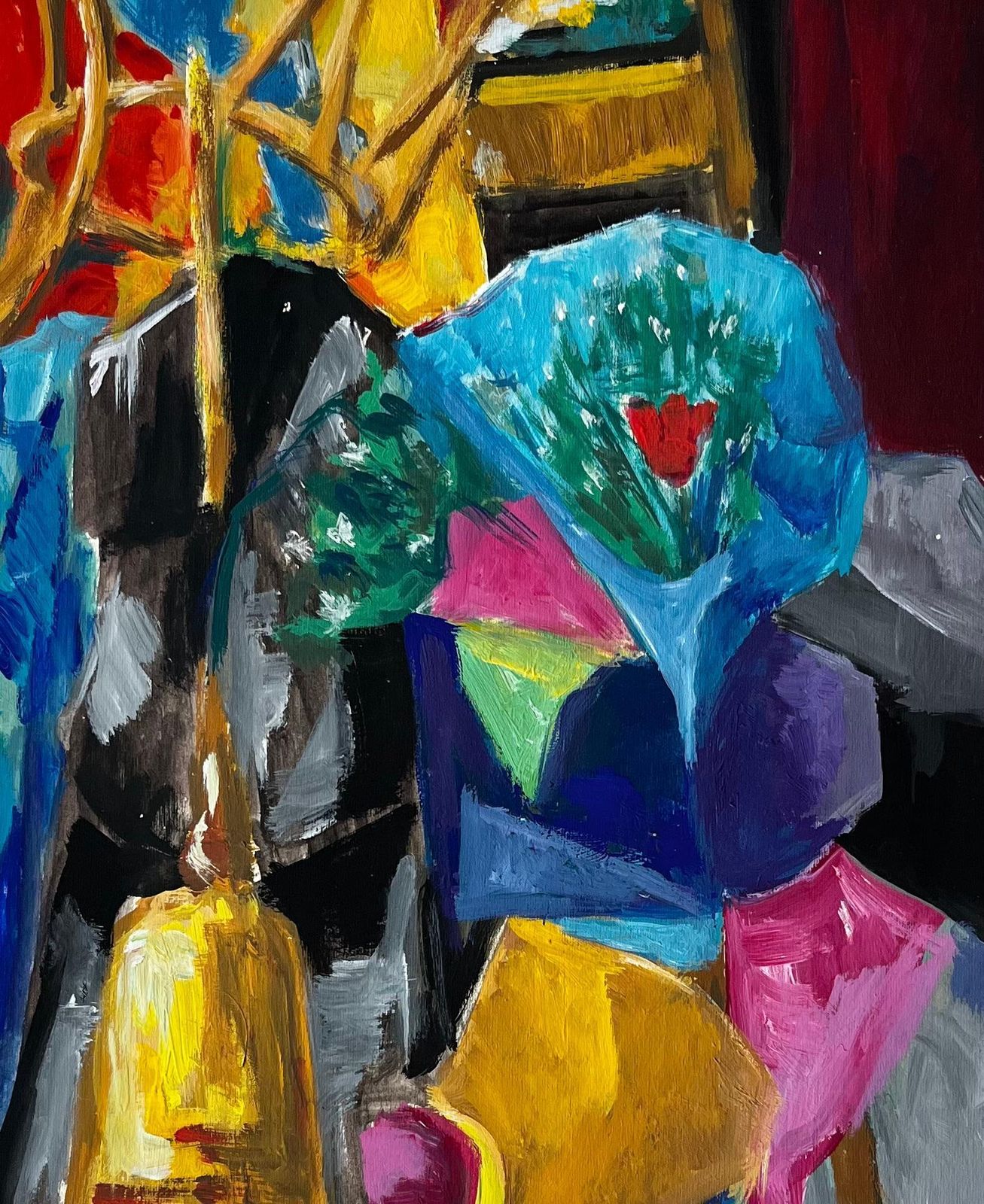 Guy Nicodabstract Cubist Still Life With Flowers Vase And Red Curtain French Gouache photo buy