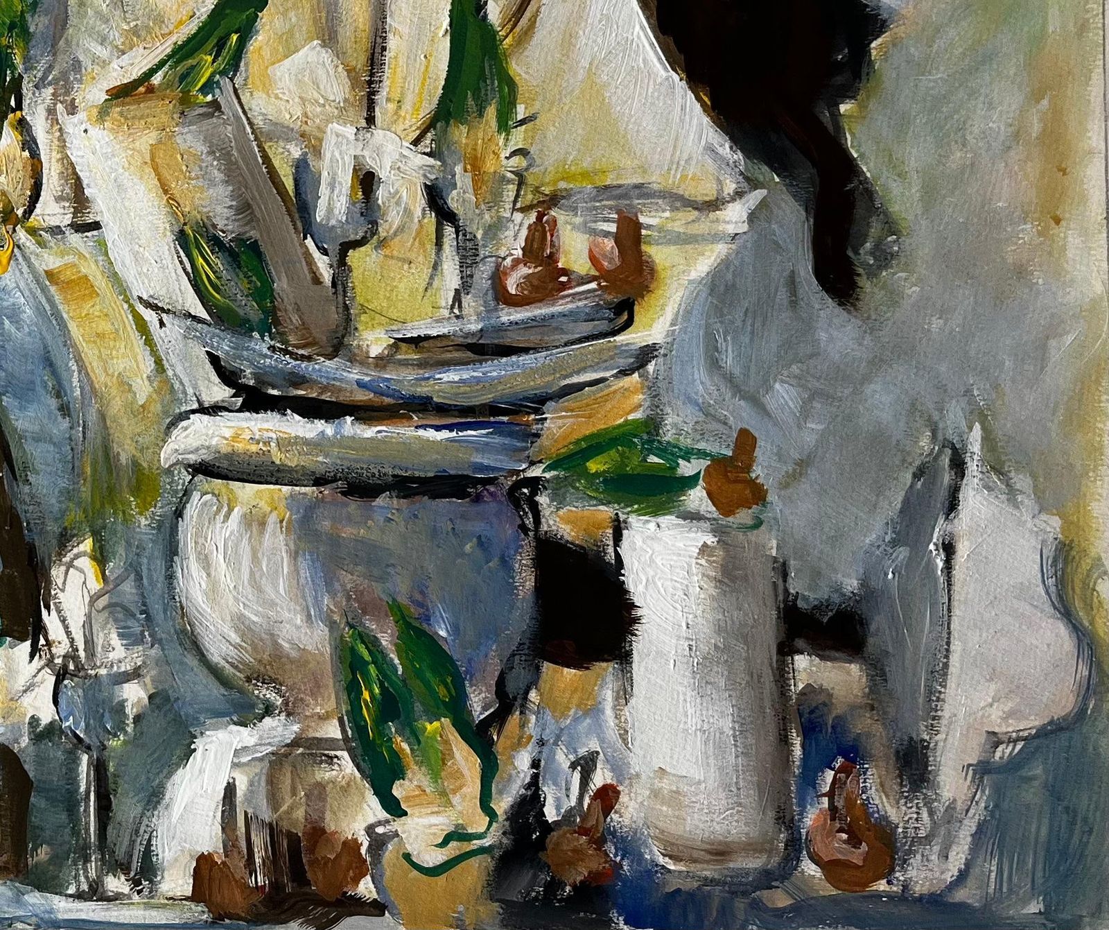 Guy Nicodstill Life With White Drapery Jugs And Green Accents French Modernist Gouache photo for sale