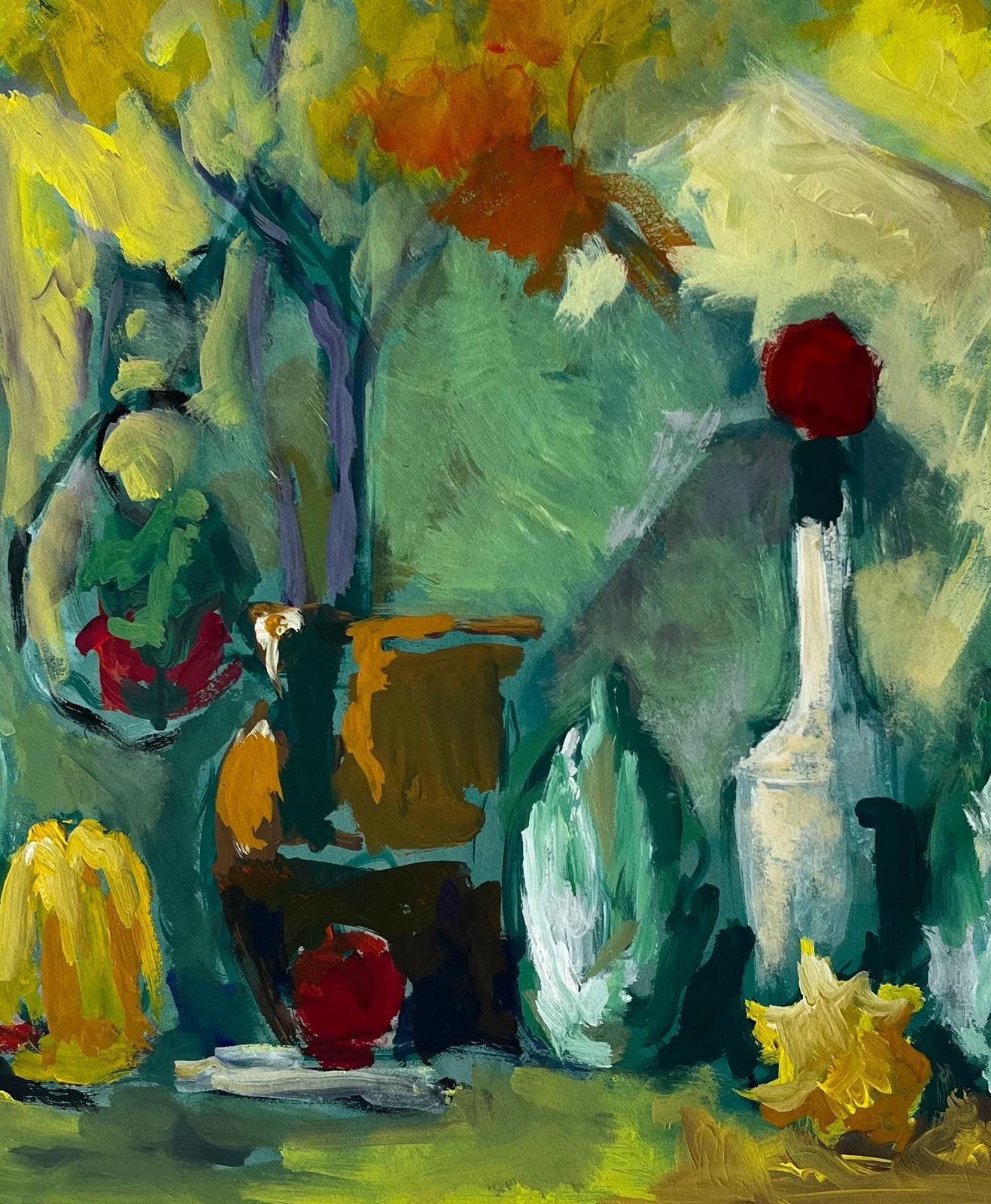 Guy Nicodstill Life With Yellow Flowers Bottle And Autumn Leaves French Modernist Gouache photo buy
