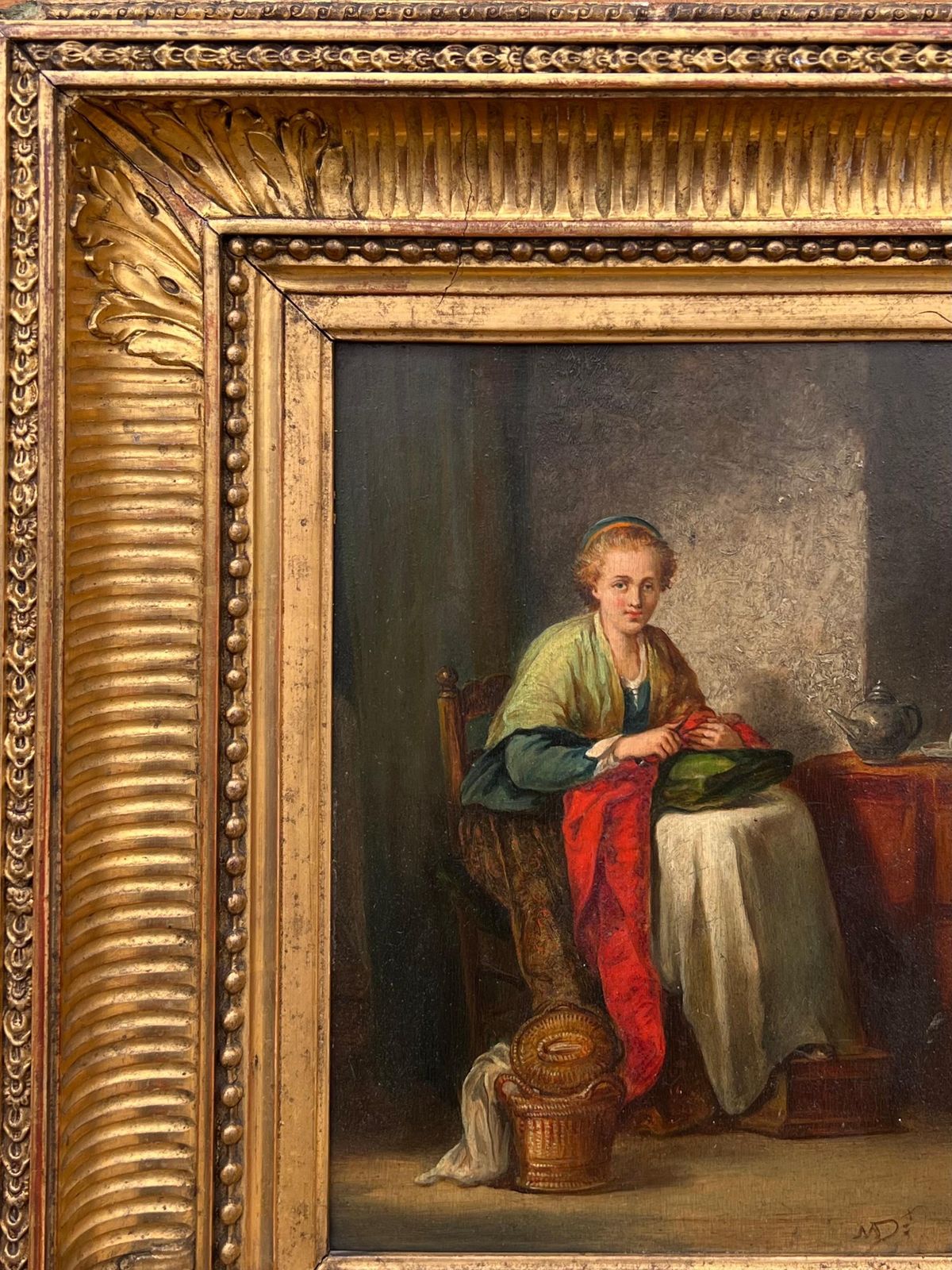 French 19th Century Oil Fine French Antique Oil Painting Panel Lady Seated In Cottage Interior Knitting photo for sale