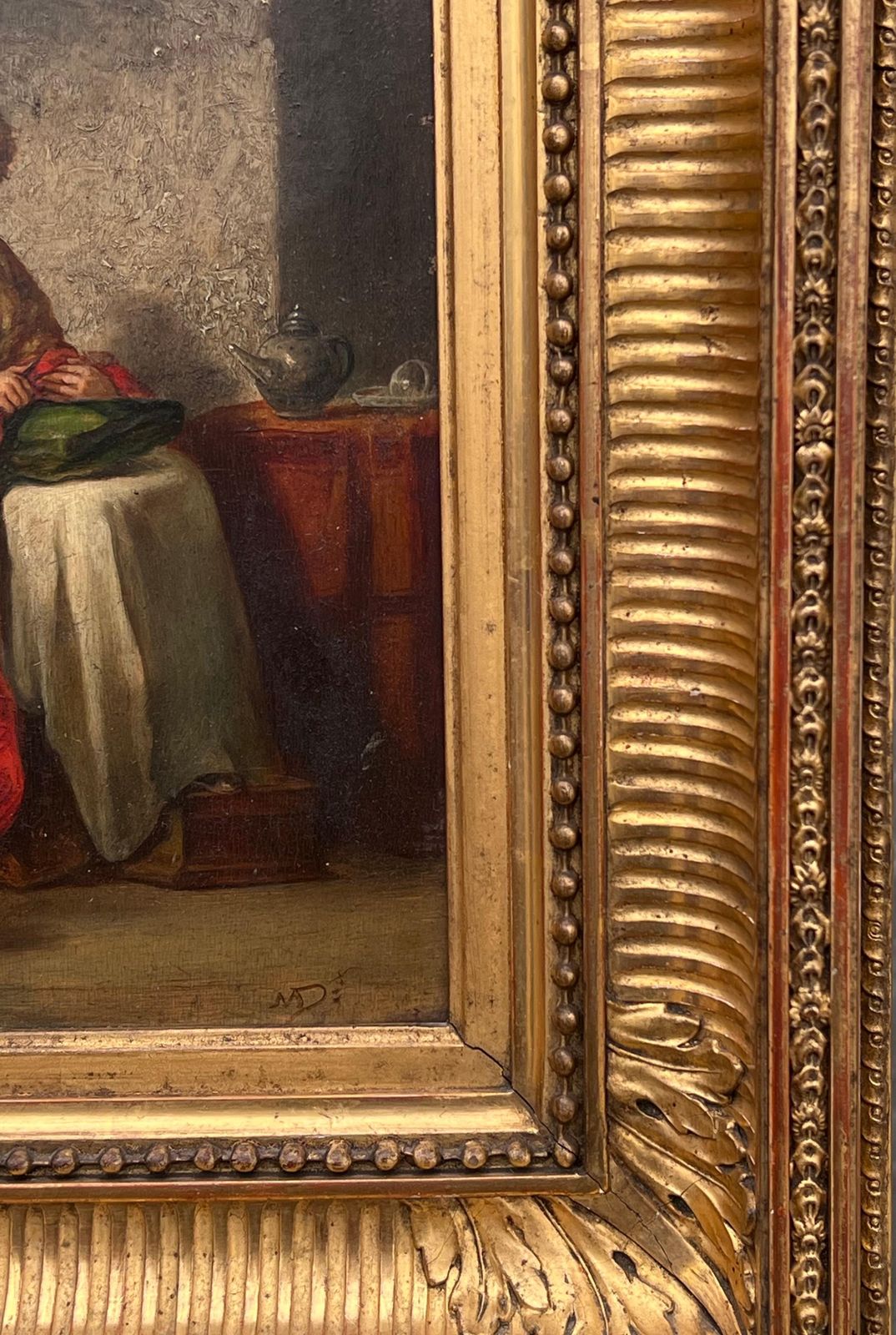 French 19th Century Oil Fine French Antique Oil Painting Panel Lady Seated In Cottage Interior Knitting photo 1223.0