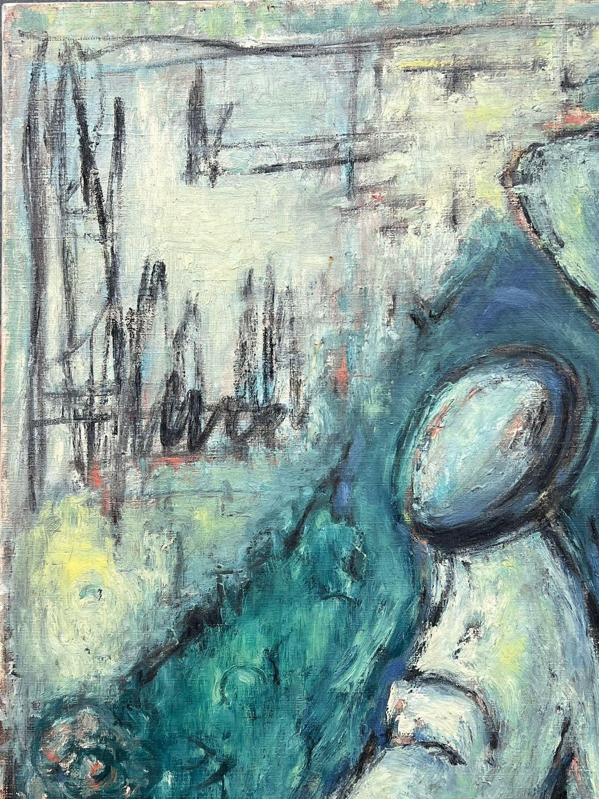photo for sale 1960's Frenchsuperb Original 1960's French Modernist Signed Oil Painting Figurative Blues