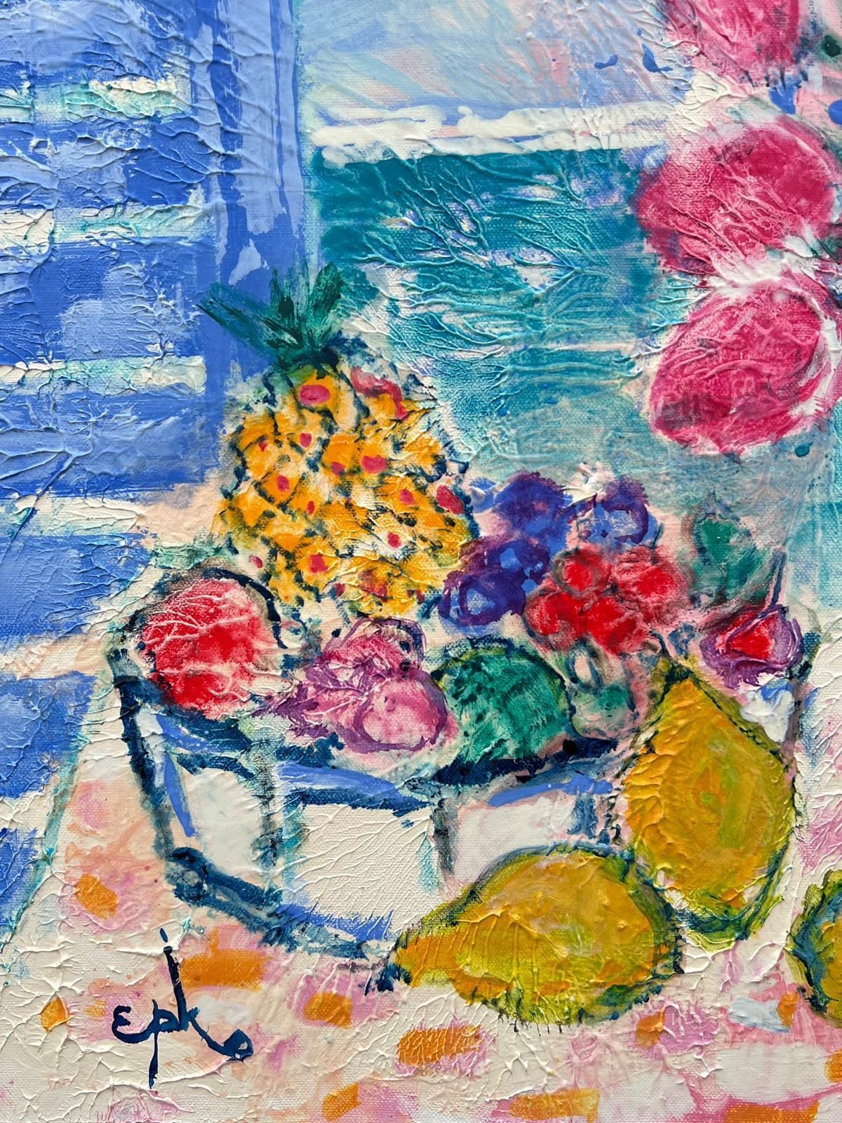 French Modernisttulips & Lemons In Sunny Window Mediterranean Sea Signed French Oil Painting photo for sale