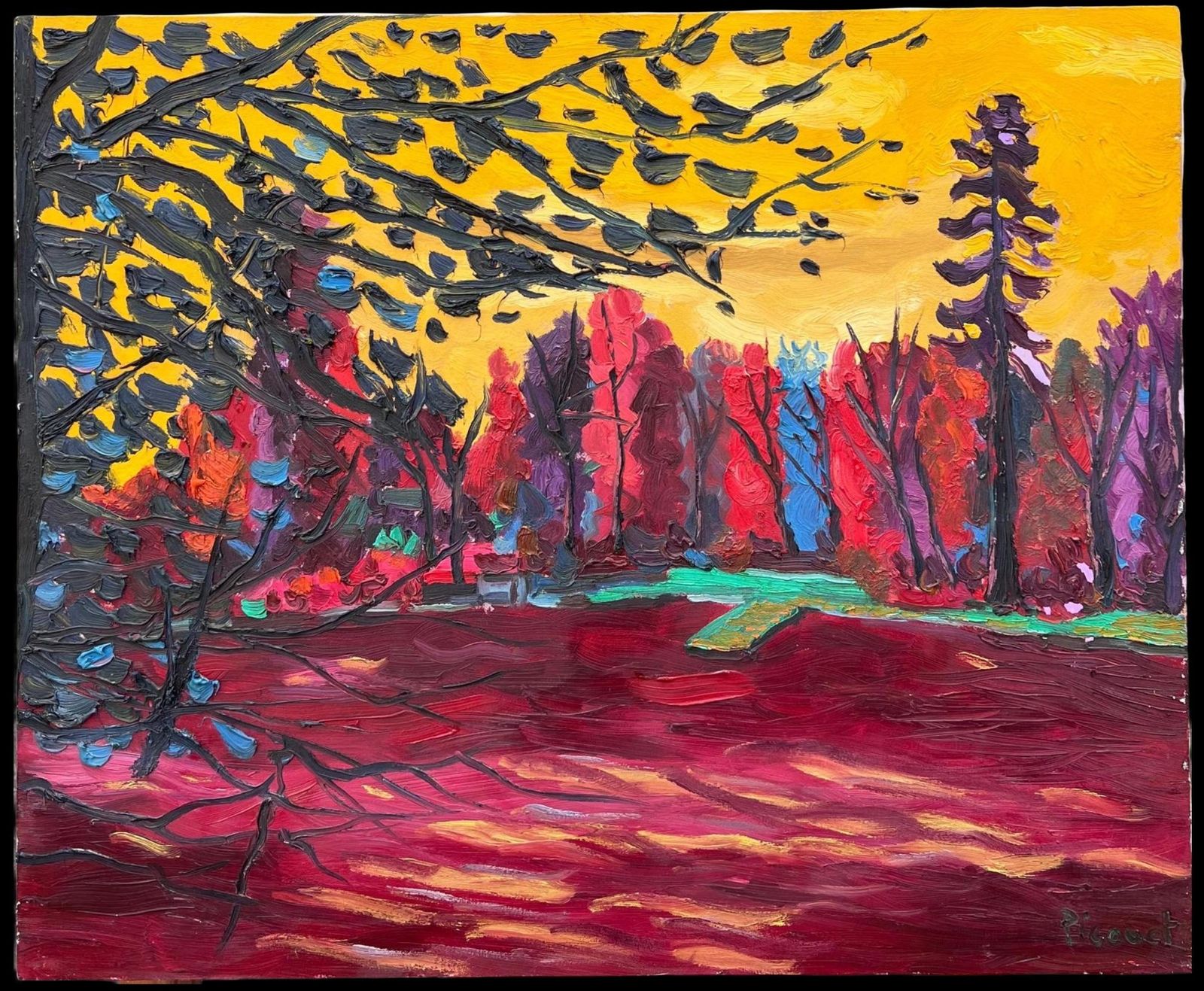 French Modernist1990's French Modernist Signed Oil The Lake At Enghien Colorful Trees photo furniture