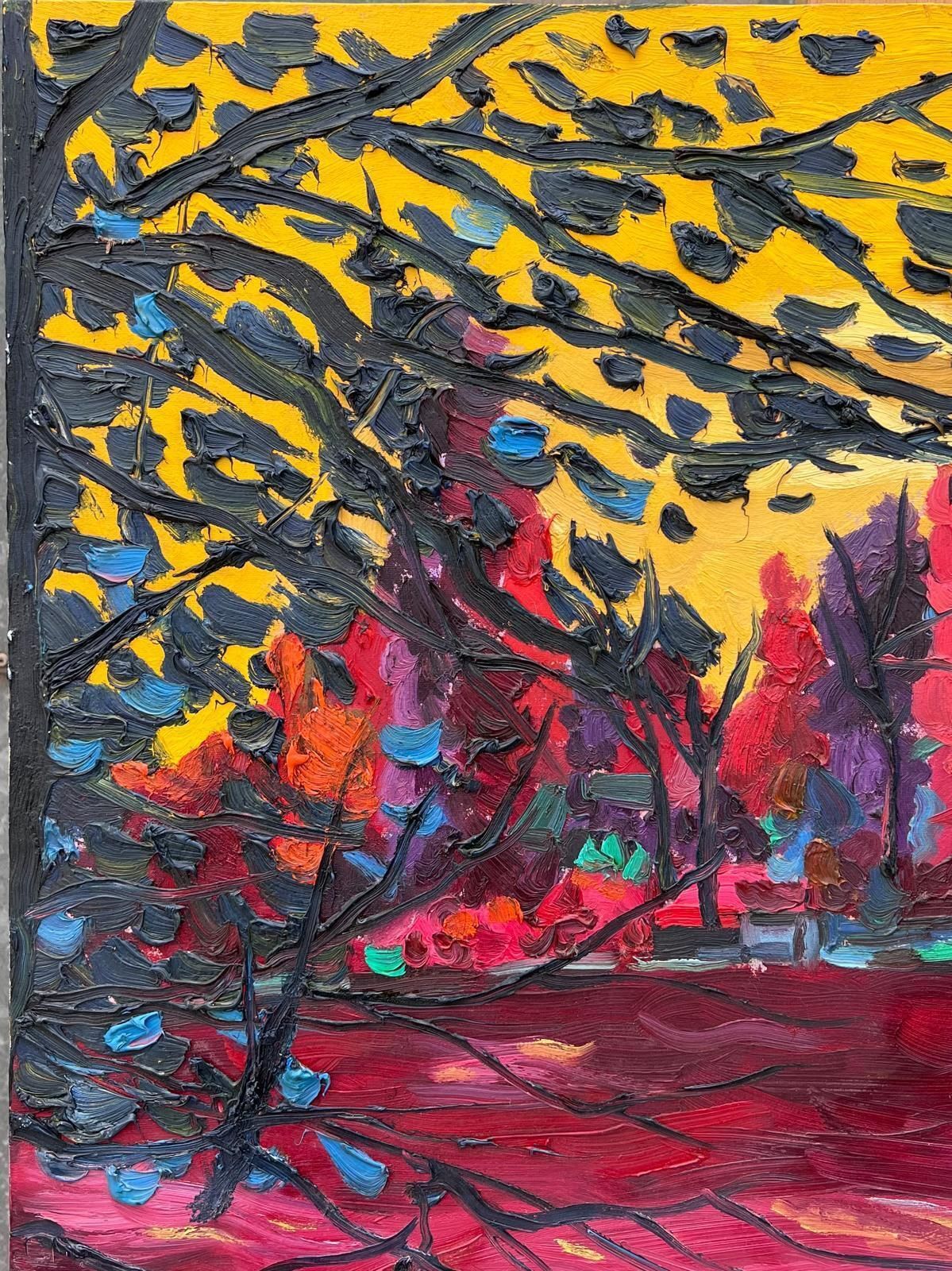 French Modernist1990's French Modernist Signed Oil The Lake At Enghien Colorful Trees photo 702.0