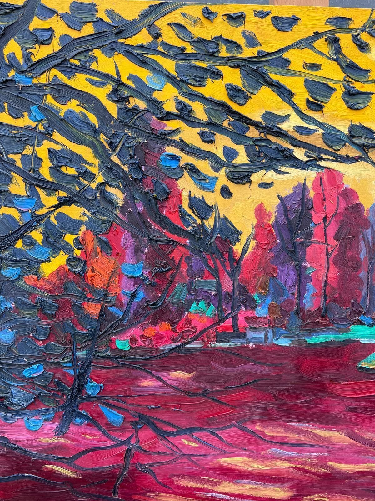 French Modernist1990's French Modernist Signed Oil The Lake At Enghien Colorful Trees photo vinterior