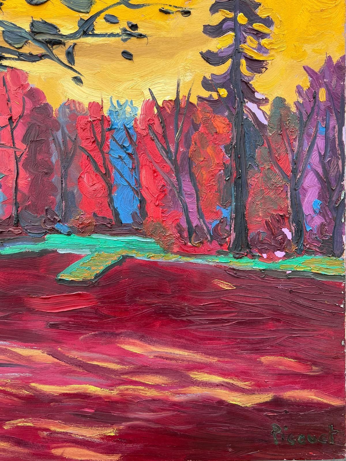 French Modernist1990's French Modernist Signed Oil The Lake At Enghien Colorful Trees photo vintage
