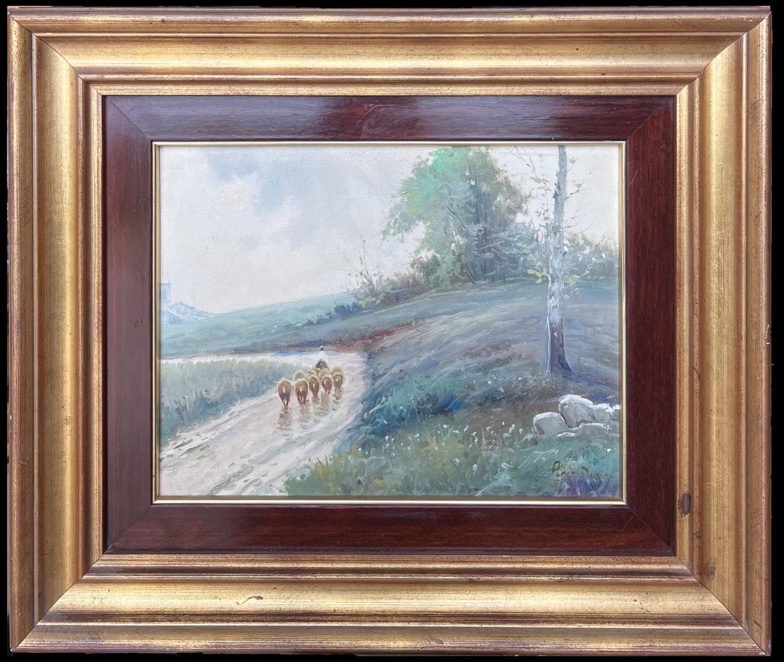 Antique Frenchshepherd & Sheep Misty French Landscape Rural Country Lane Signed Oil Painting