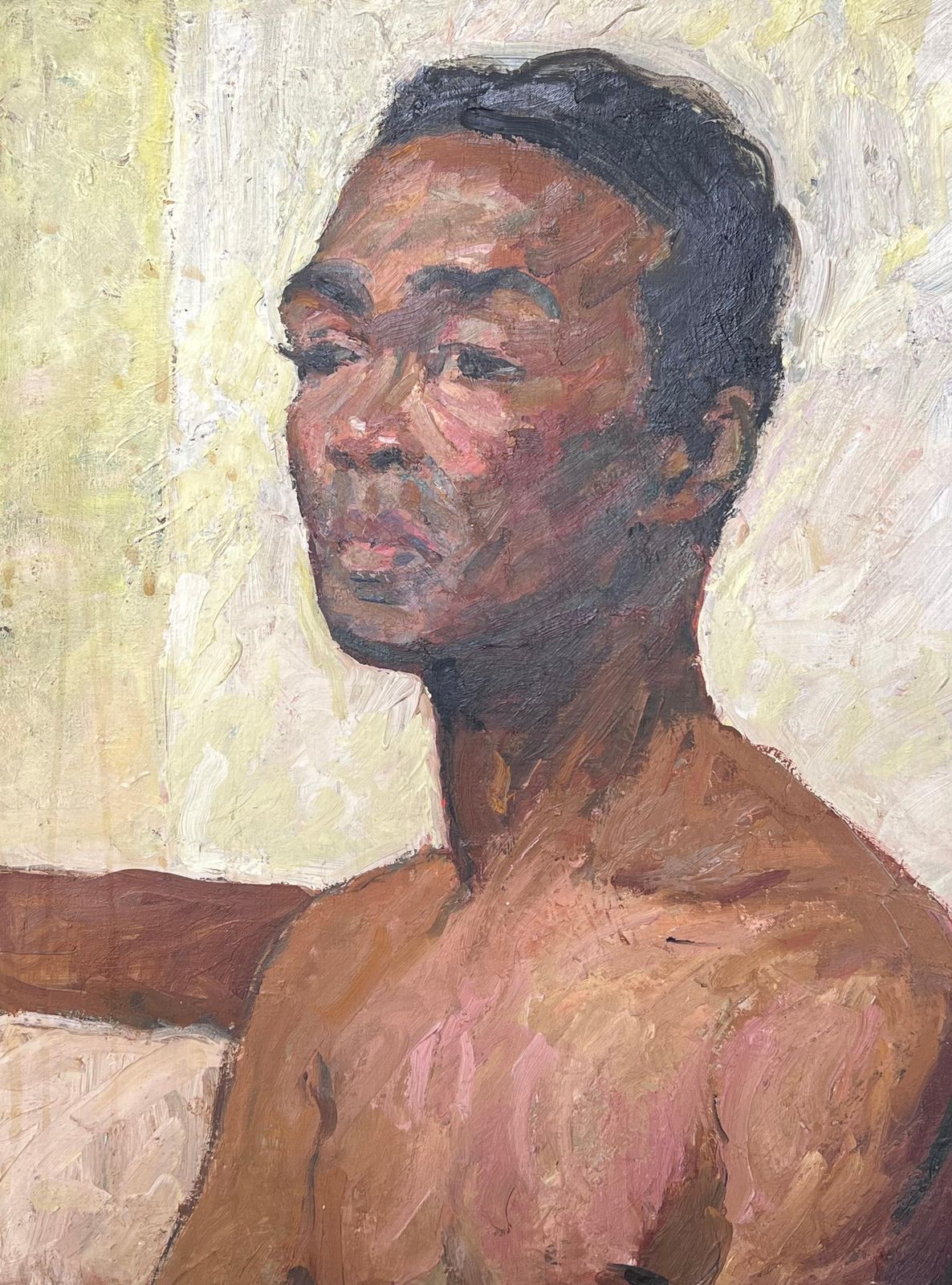 Suzanne Dinkesmid Century French Oil Painting Half Length Male Nude Portrait Seated Man1950's photo 1525.0