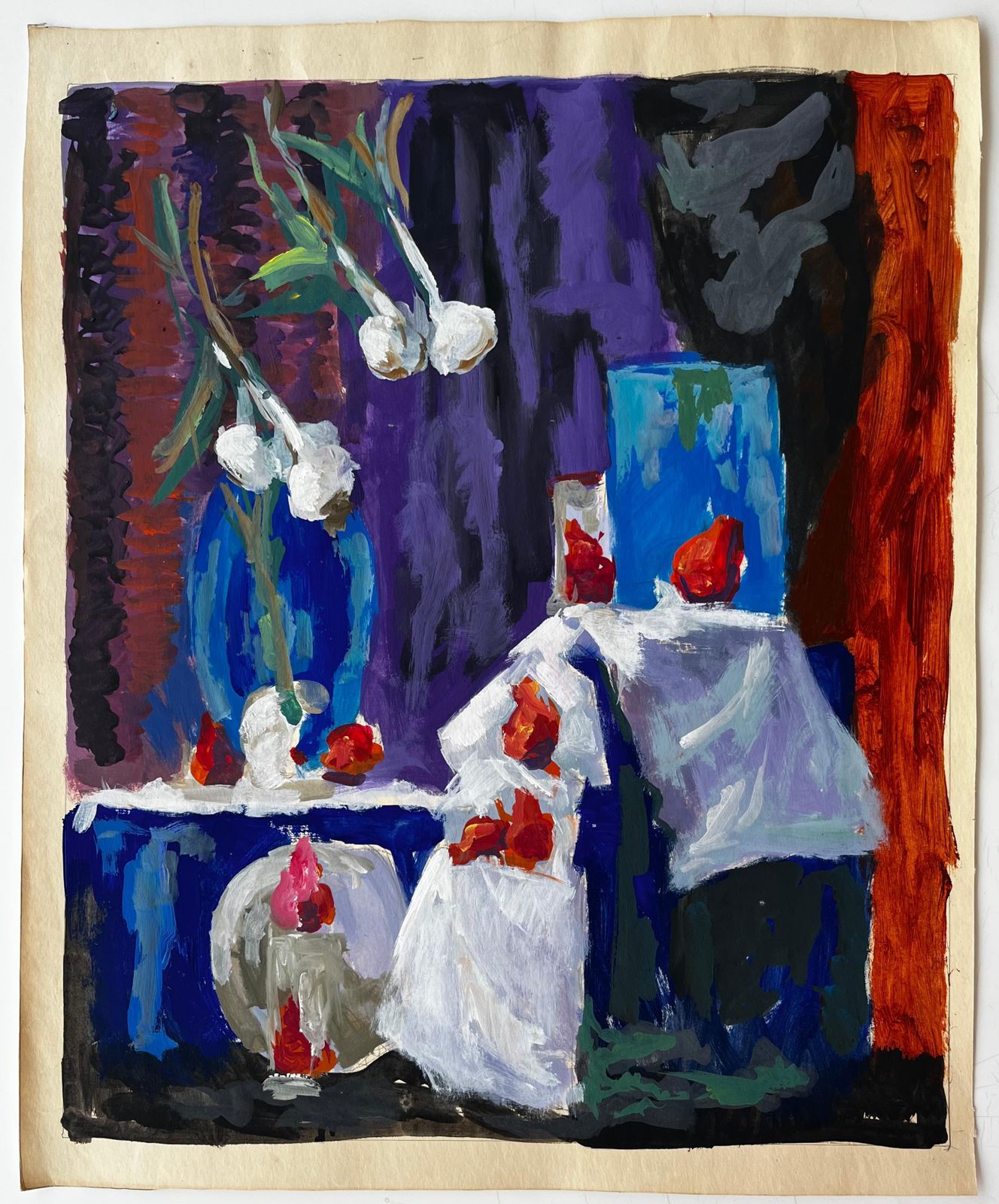 Guy Nicodstill Life With Garlic Strawberries And Blue Vase French Modernist Gouache photo furniture