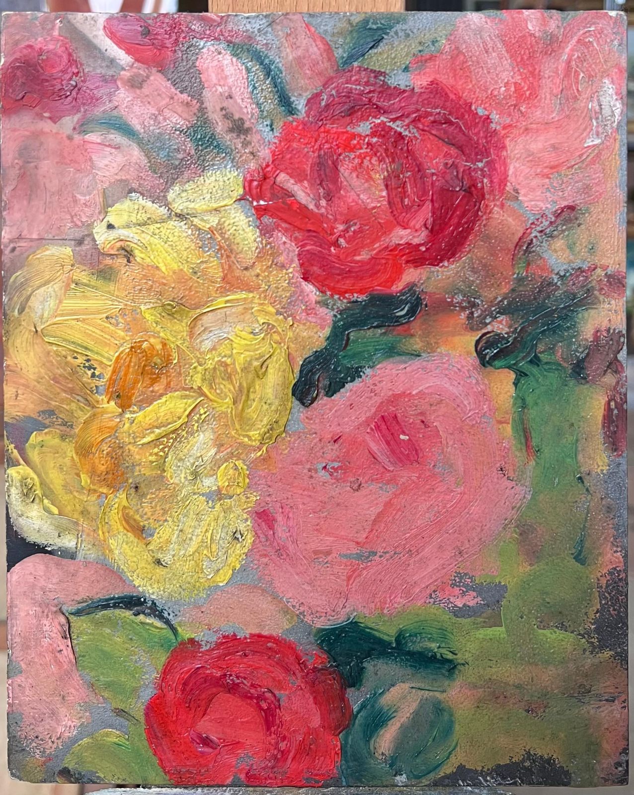 Suzanne Dinkesfrench Mid Century Painting Red , Yellow And Pink Rose Still Life1950's photo furniture