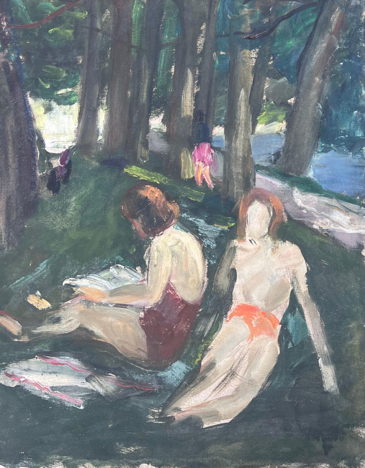 Suzanne Dinkesfigures Sunbathing By The Woodland River Bay French Mid Century Painting1950's photo for sale