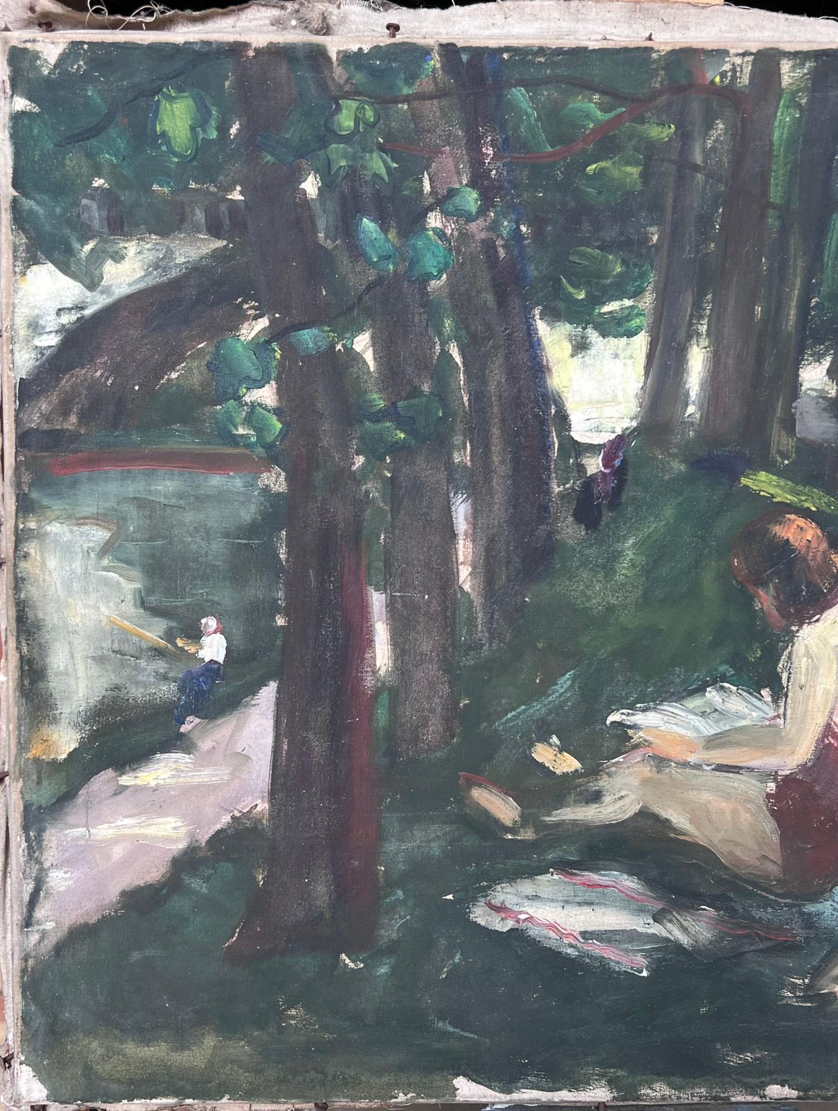 Suzanne Dinkesfigures Sunbathing By The Woodland River Bay French Mid Century Painting1950's photo vintage