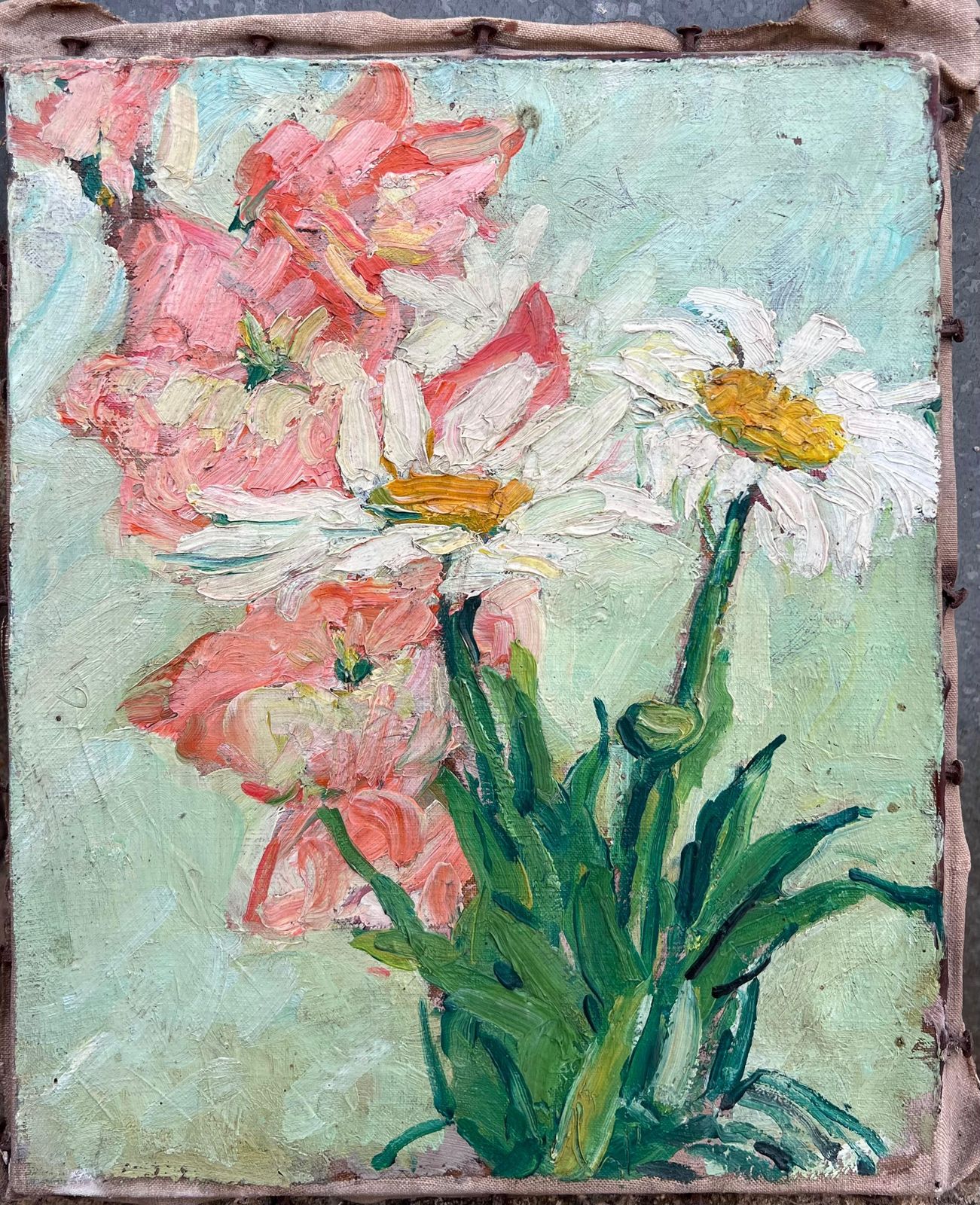 Suzanne Dinkesdaisies & Pink Flowers In Green Room Interior French Mid Century Painting1950's photo furniture